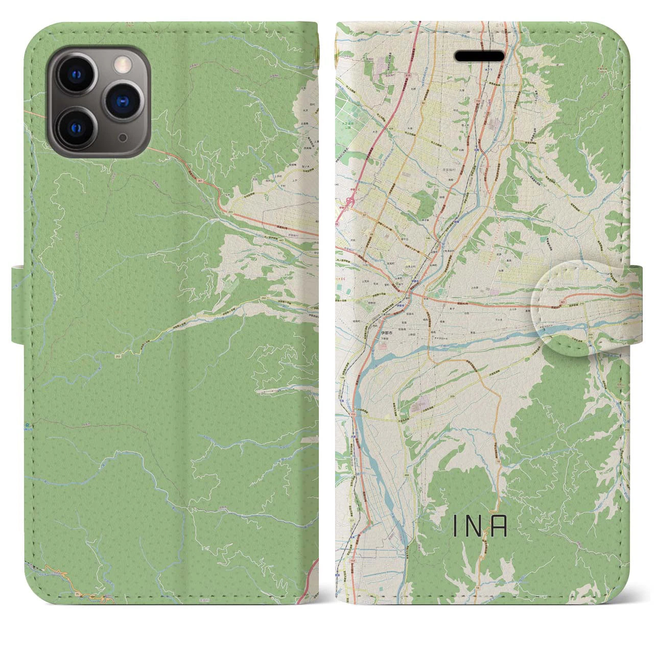 【伊那(長野県)】地図柄iPhoneケース(手帳タイプ)ナチュラル・iPhone 11 Pro Max 用
