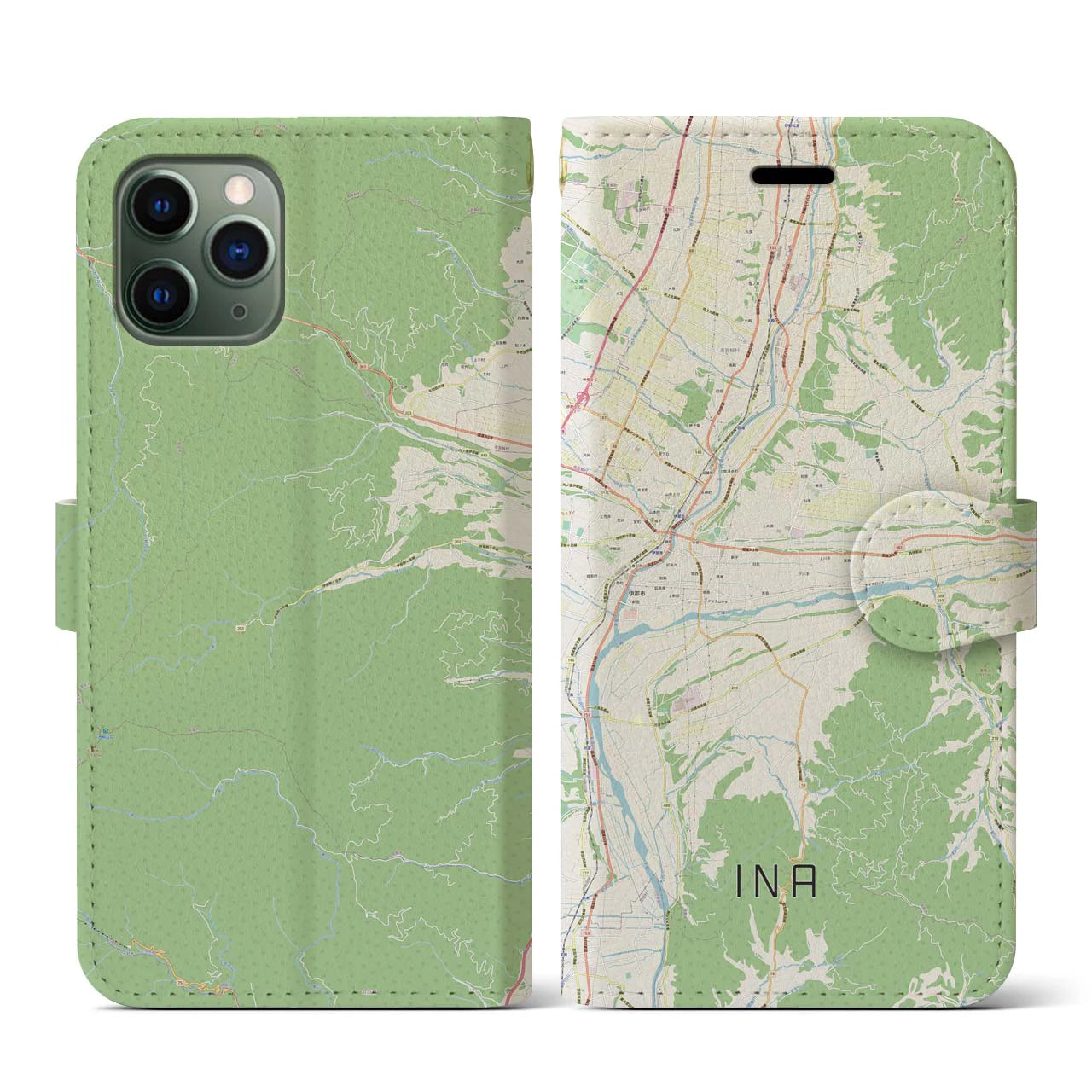 【伊那(長野県)】地図柄iPhoneケース(手帳タイプ)ナチュラル・iPhone 11 Pro 用