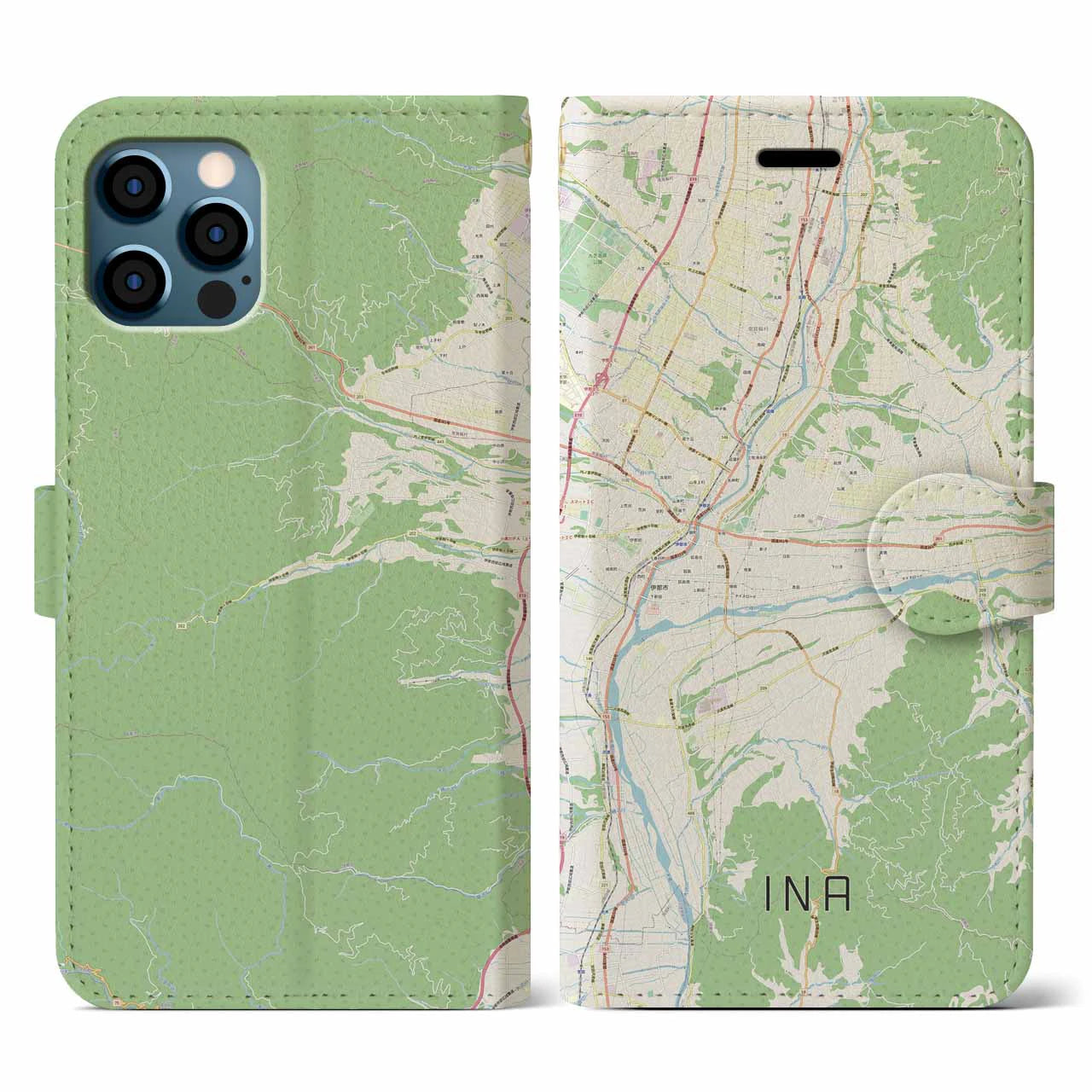 【伊那(長野県)】地図柄iPhoneケース(手帳タイプ)ナチュラル・iPhone 12 / 12 Pro 用