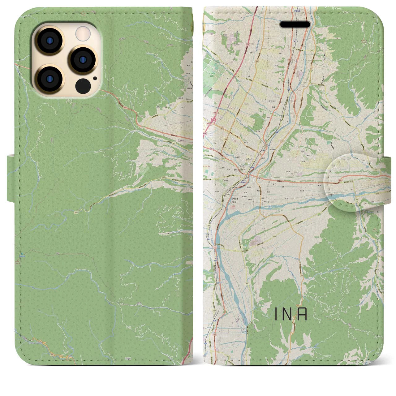 【伊那(長野県)】地図柄iPhoneケース(手帳タイプ)ナチュラル・iPhone 12 Pro Max 用