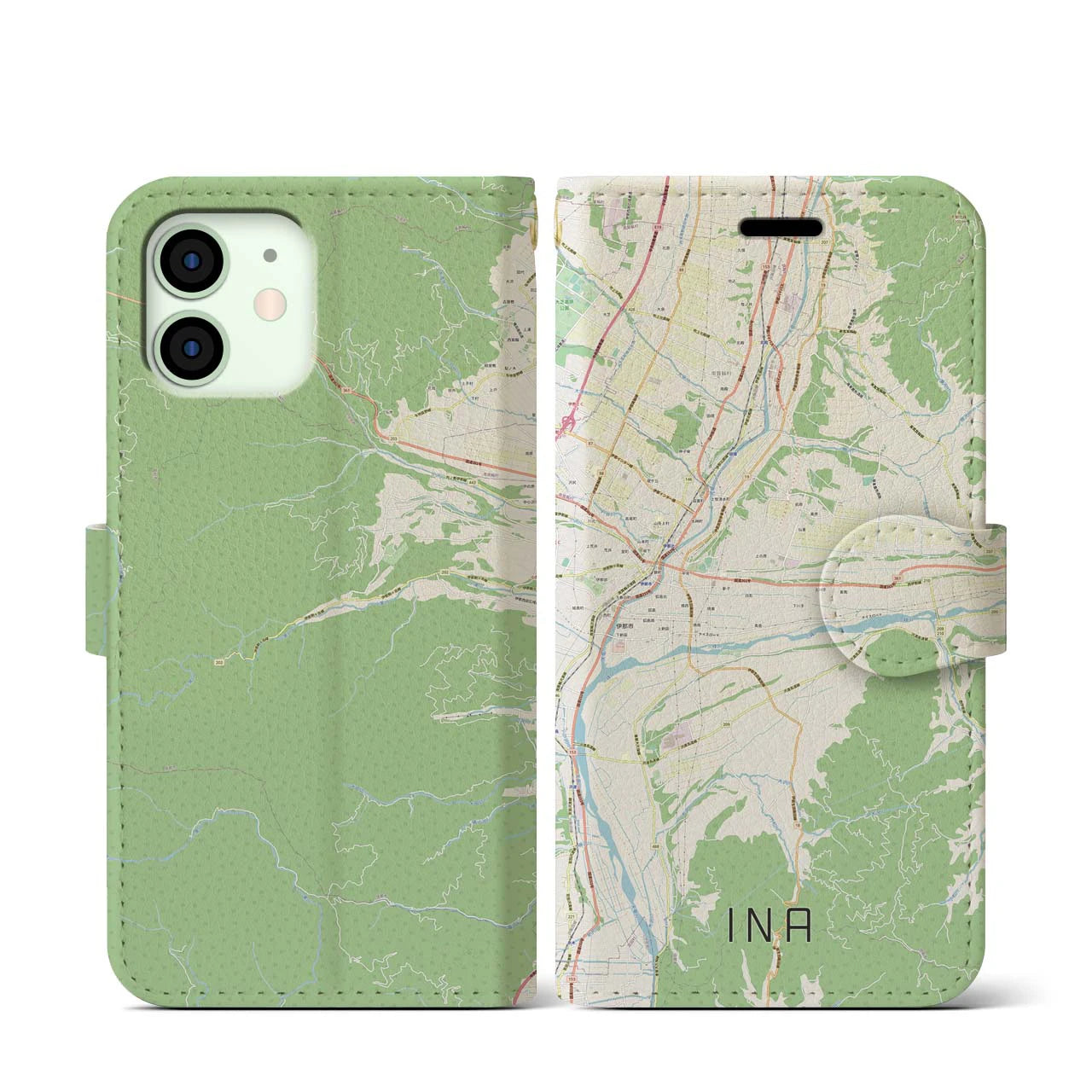 【伊那(長野県)】地図柄iPhoneケース(手帳タイプ)ナチュラル・iPhone 12 mini 用