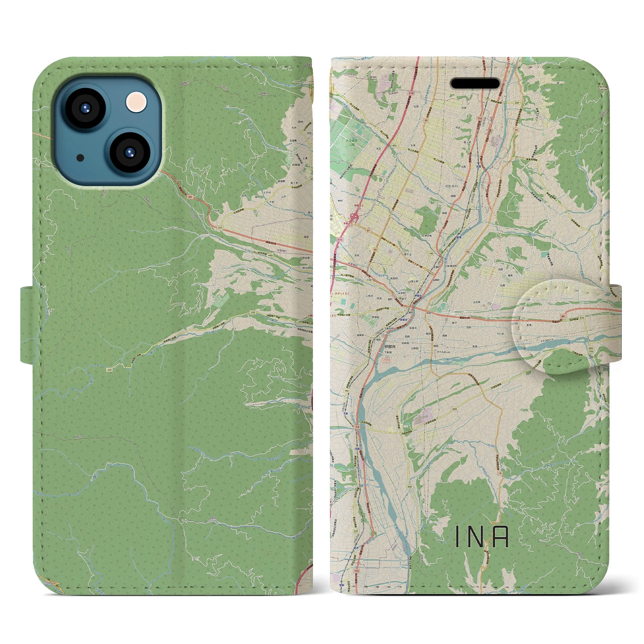 【伊那(長野県)】地図柄iPhoneケース(手帳タイプ)ナチュラル・iPhone 13 用