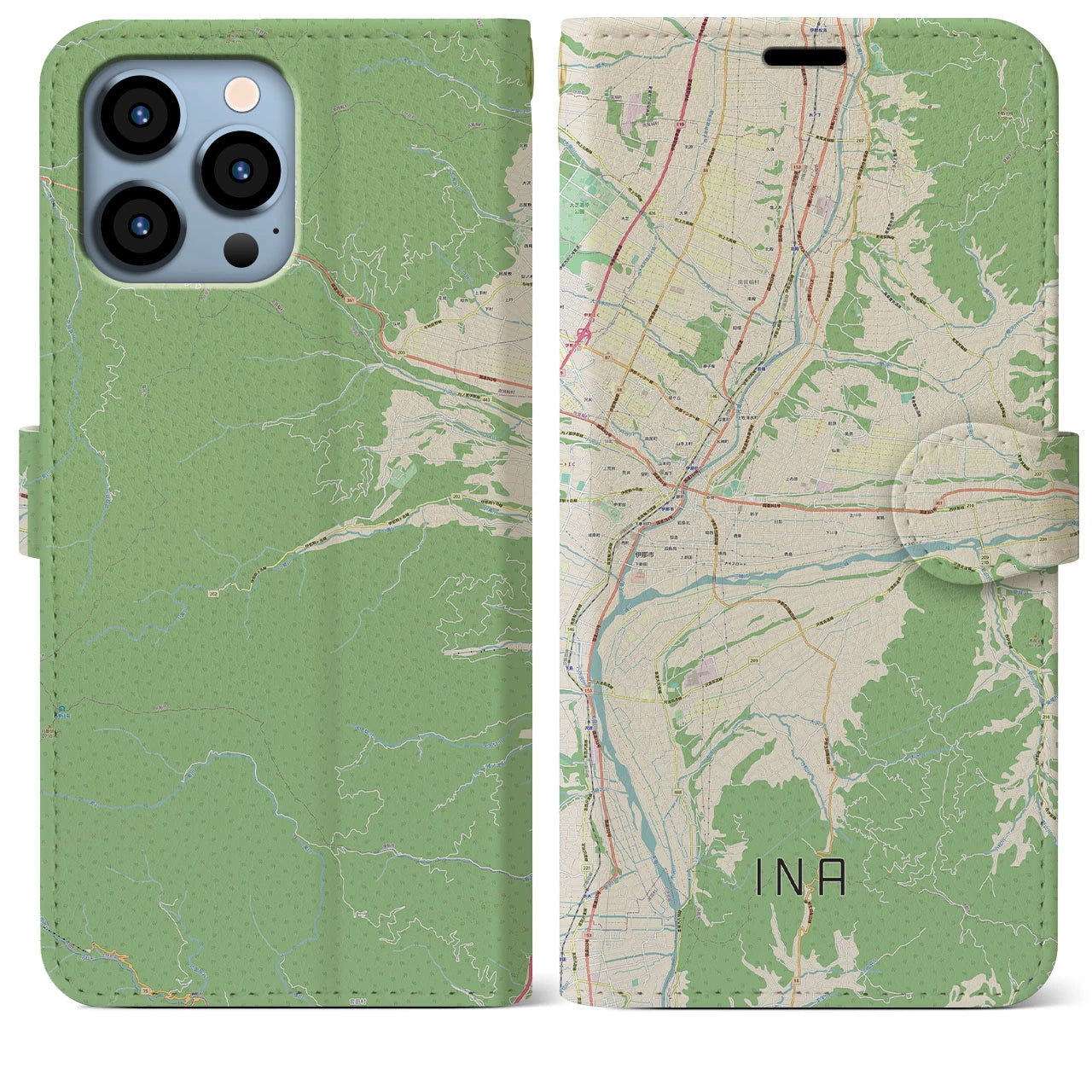 【伊那(長野県)】地図柄iPhoneケース(手帳タイプ)ナチュラル・iPhone 13 Pro Max 用