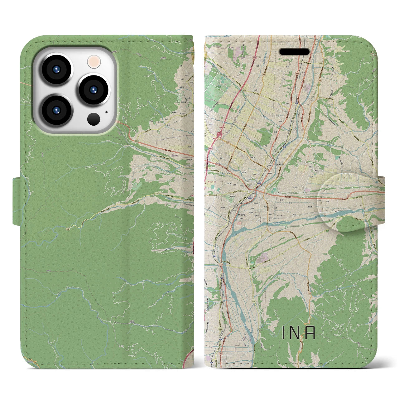 【伊那(長野県)】地図柄iPhoneケース(手帳タイプ)ナチュラル・iPhone 13 Pro 用