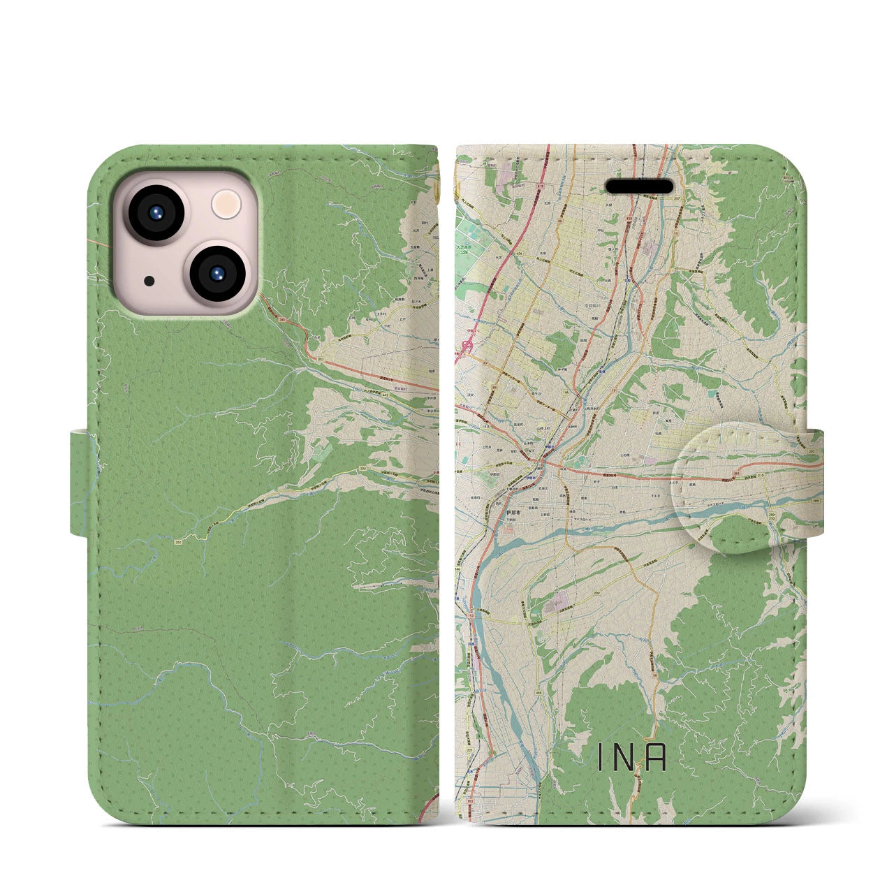 【伊那(長野県)】地図柄iPhoneケース(手帳タイプ)ナチュラル・iPhone 13 mini 用