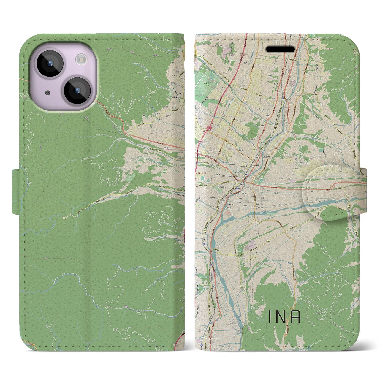 【伊那(長野県)】地図柄iPhoneケース(手帳タイプ)ナチュラル・iPhone 14 用