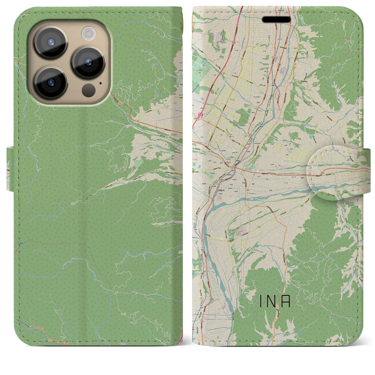 【伊那(長野県)】地図柄iPhoneケース(手帳タイプ)ナチュラル・iPhone 14 Pro Max 用