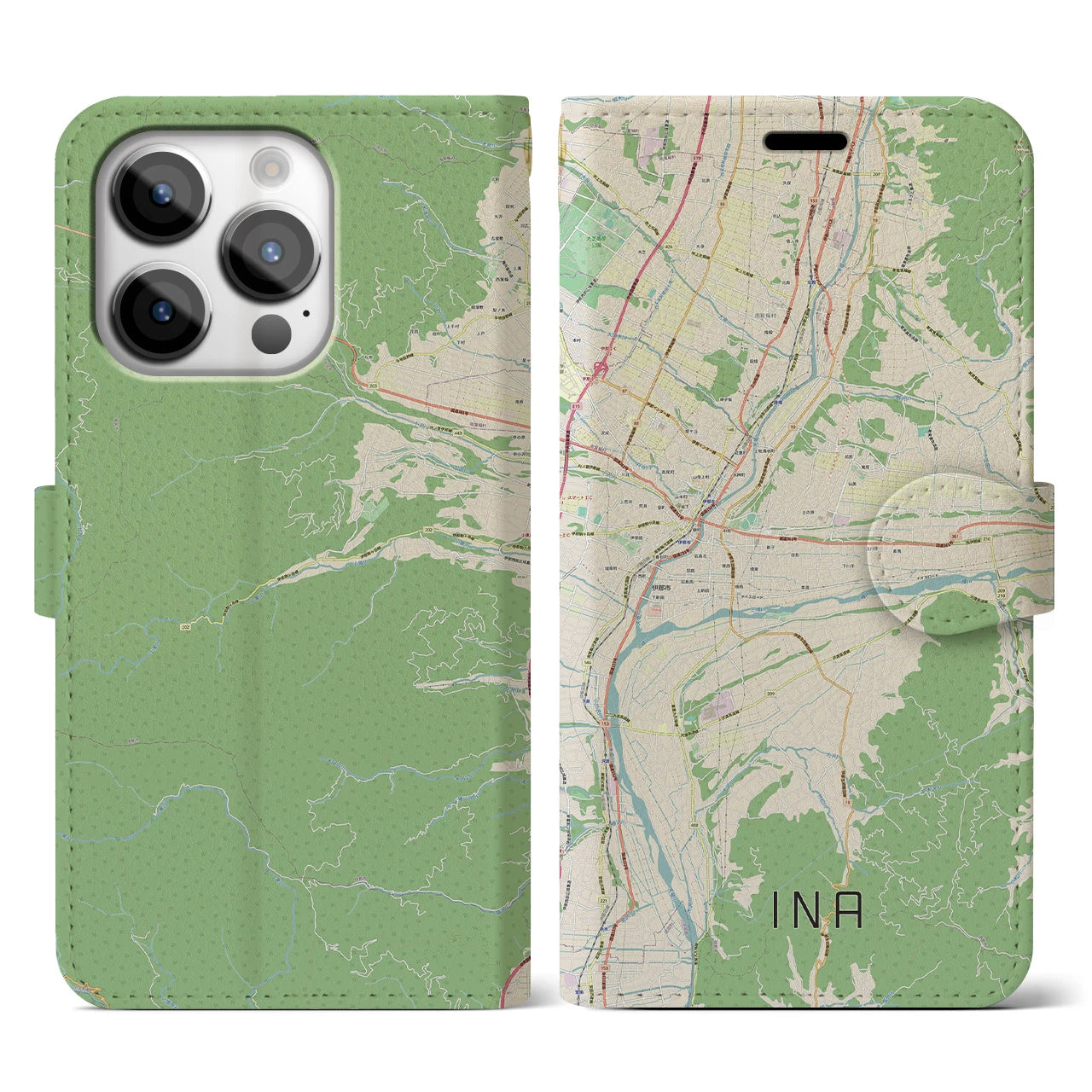 【伊那(長野県)】地図柄iPhoneケース(手帳タイプ)ナチュラル・iPhone 14 Pro 用