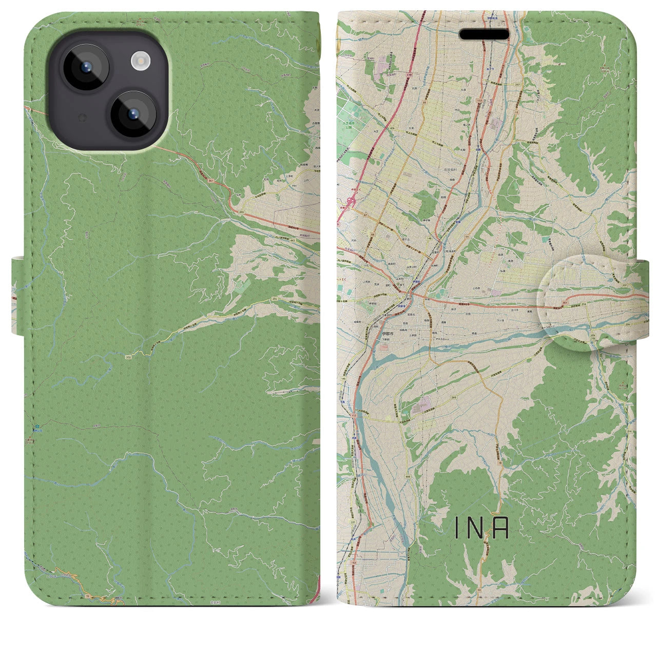 【伊那(長野県)】地図柄iPhoneケース(手帳タイプ)ナチュラル・iPhone 14 Plus 用