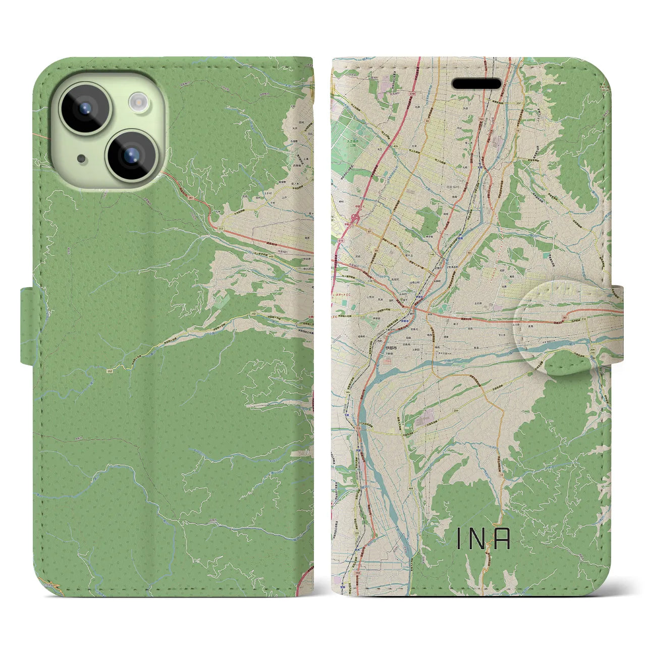 【伊那(長野県)】地図柄iPhoneケース(手帳タイプ)ナチュラル・iPhone 15 用