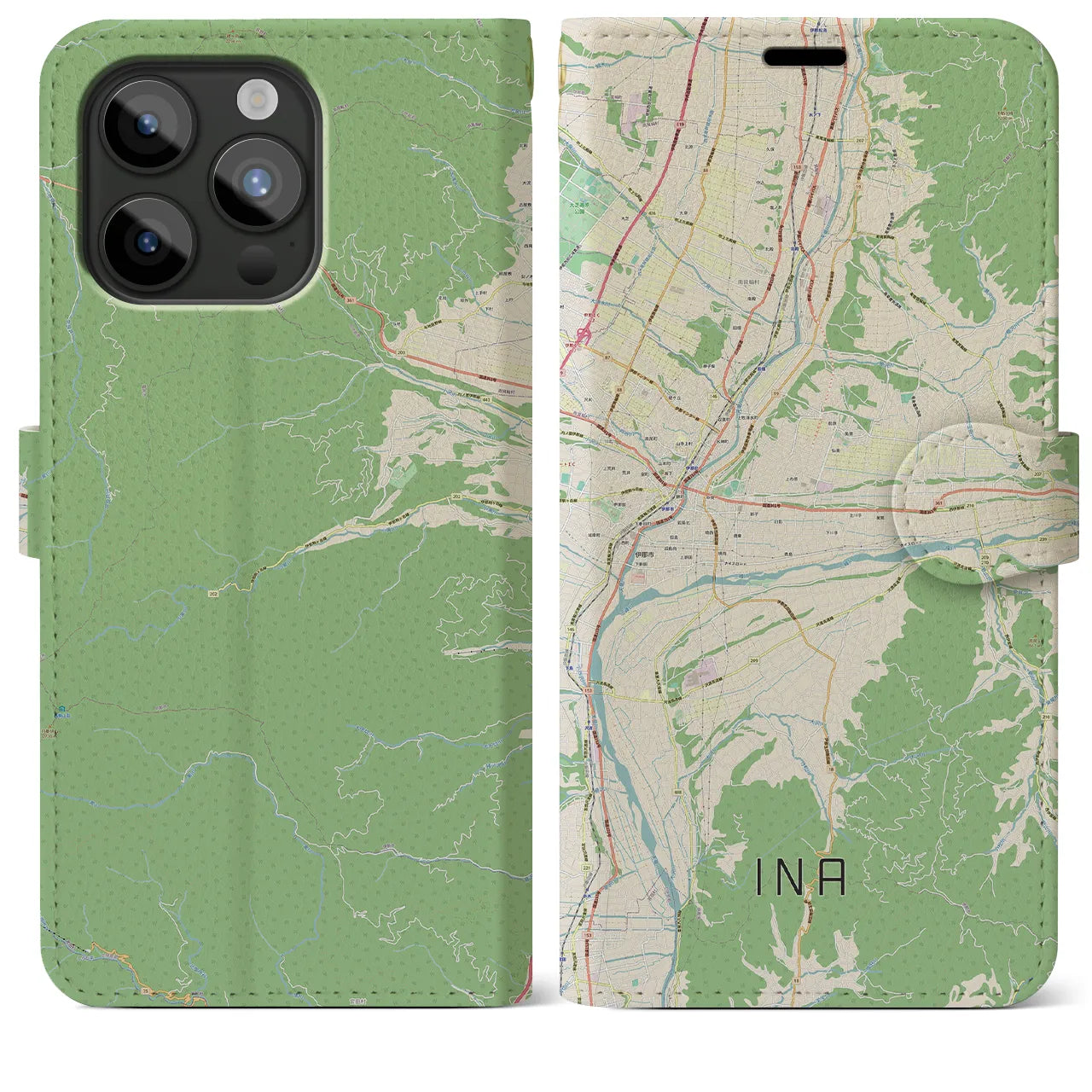 【伊那(長野県)】地図柄iPhoneケース(手帳タイプ)ナチュラル・iPhone 15 Pro Max 用