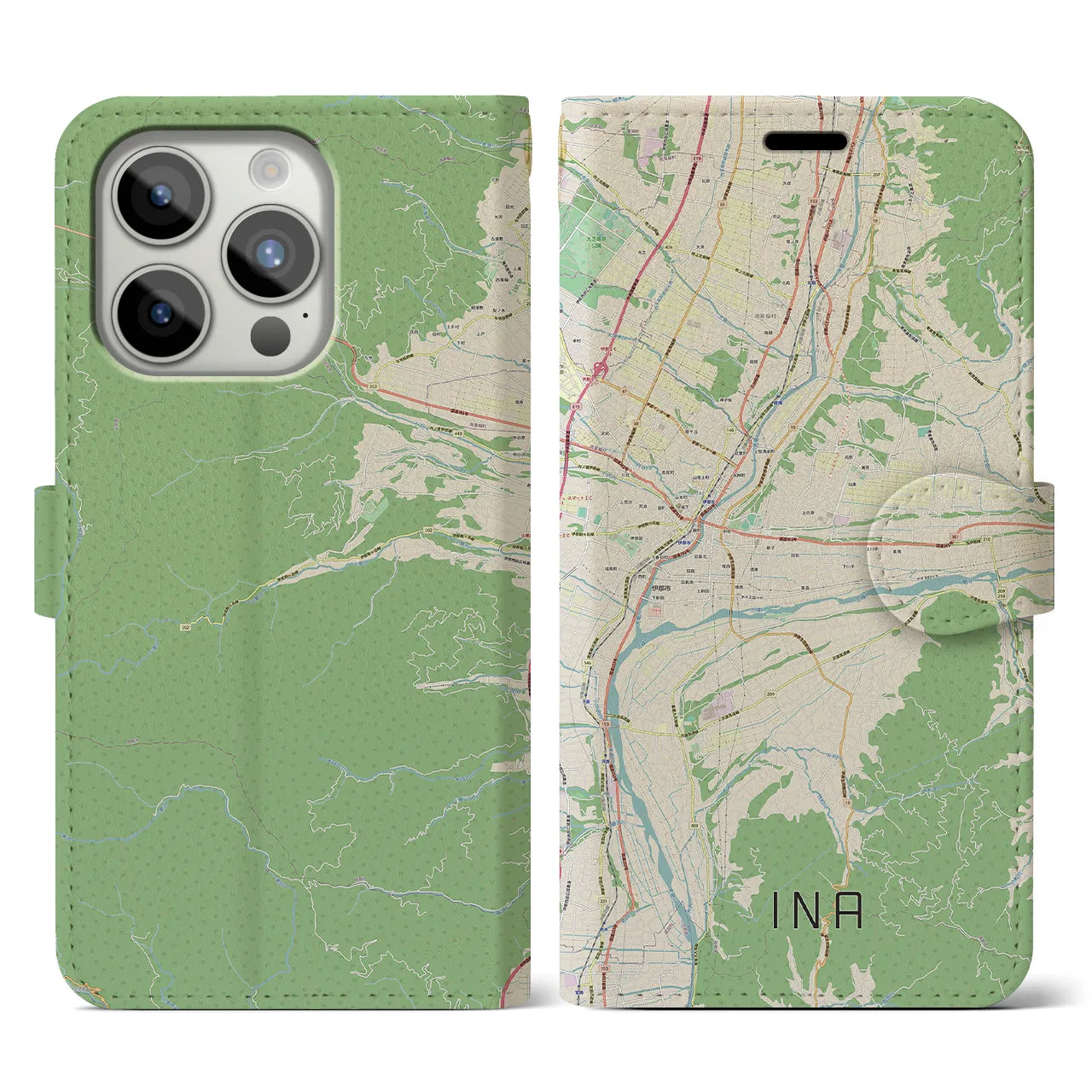 【伊那(長野県)】地図柄iPhoneケース(手帳タイプ)ナチュラル・iPhone 15 Pro 用