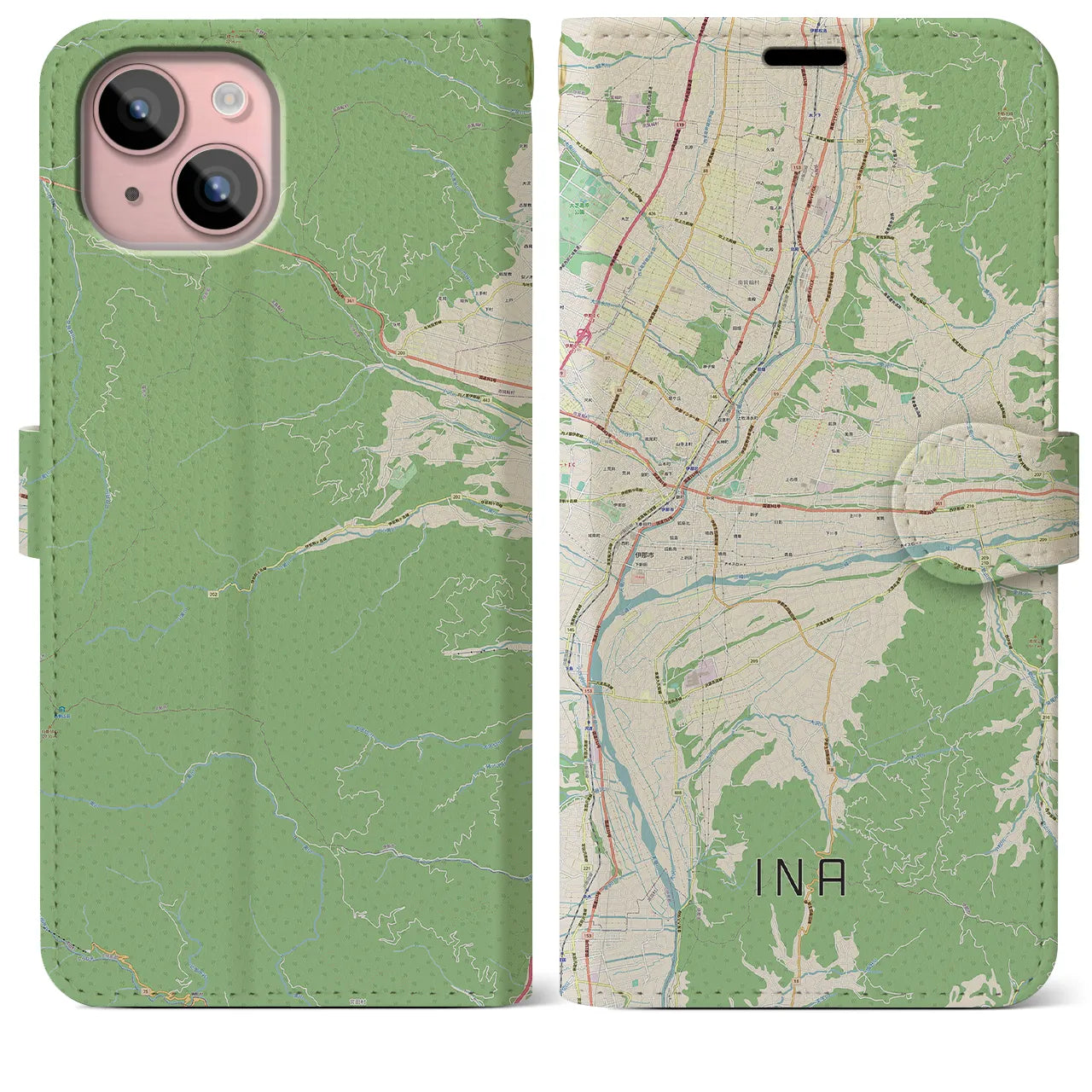 【伊那(長野県)】地図柄iPhoneケース(手帳タイプ)ナチュラル・iPhone 15 Plus 用