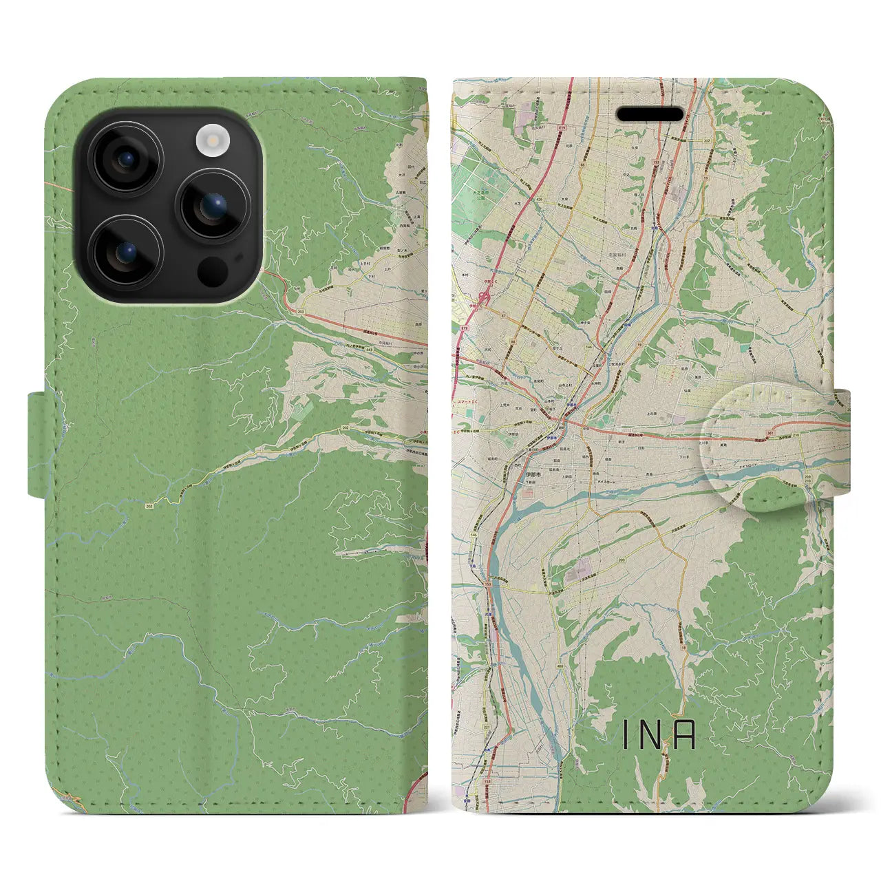 【伊那(長野県)】地図柄iPhoneケース(手帳タイプ)ナチュラル・iPhone 16 用