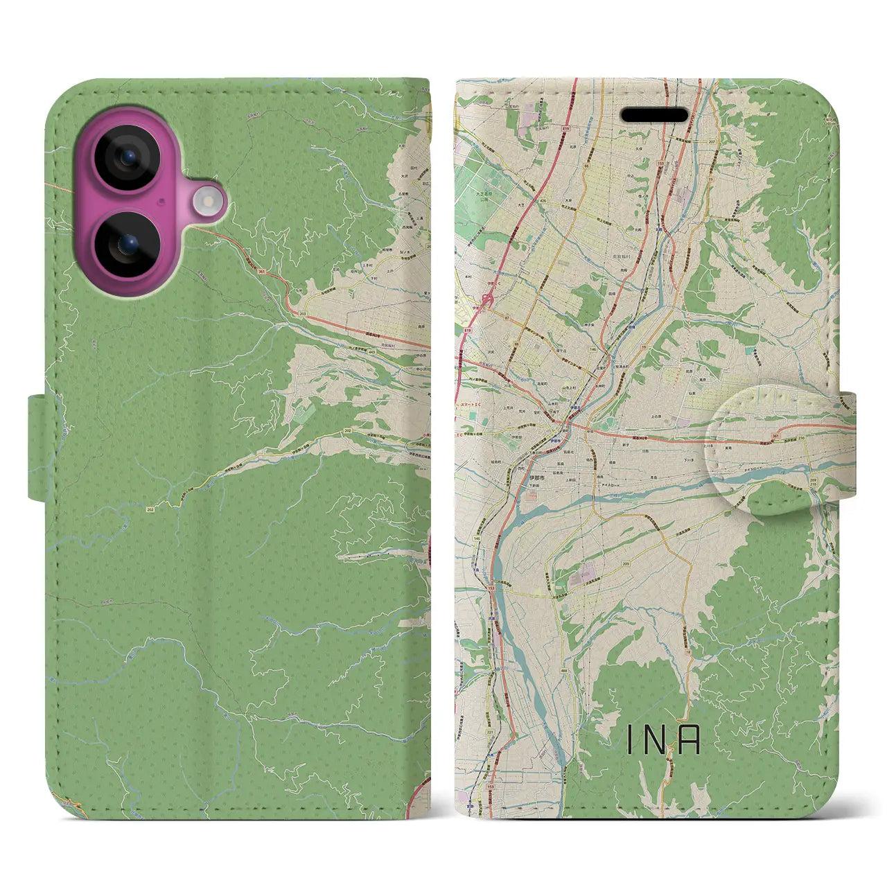 【伊那(長野県)】地図柄iPhoneケース(手帳タイプ)ナチュラル・iPhone 16 Pro 用