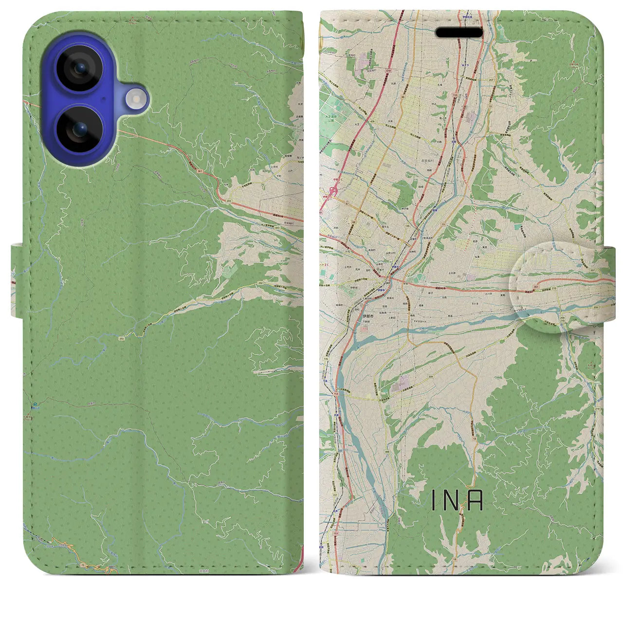 【伊那(長野県)】地図柄iPhoneケース(手帳タイプ)ナチュラル・iPhone 16 Pro Max 用