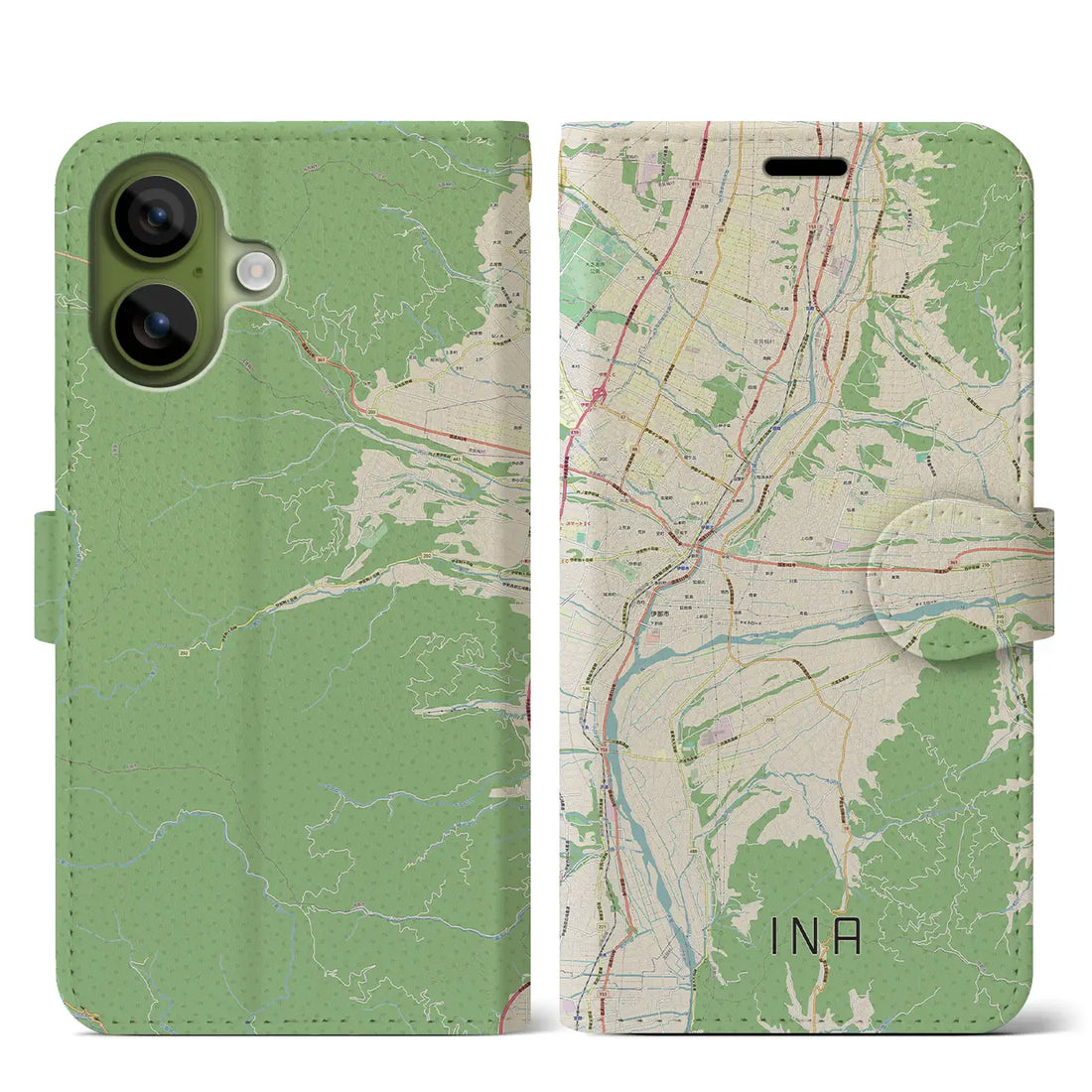 【伊那(長野県)】地図柄iPhoneケース(手帳タイプ)ナチュラル・iPhone 17 Pro Max 用