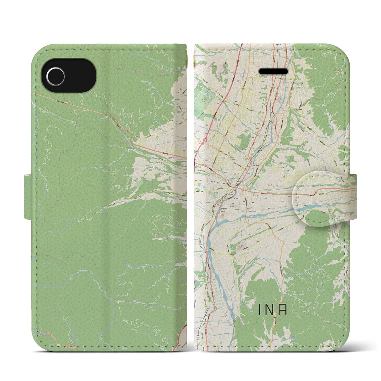 【伊那(長野県)】地図柄iPhoneケース(手帳タイプ)ナチュラル・iPhone SE(第3 / 第2世代) / 8 / 7 / 6s / 6 用