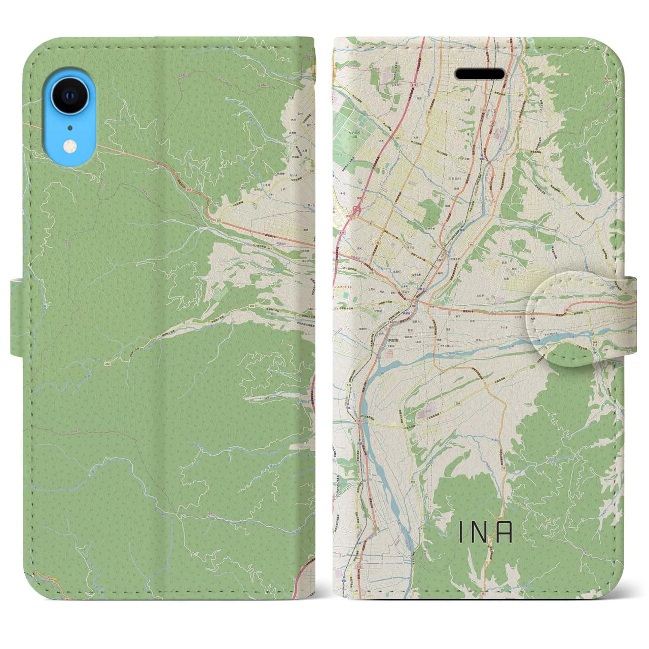 【伊那(長野県)】地図柄iPhoneケース(手帳タイプ)ナチュラル・iPhone XR 用