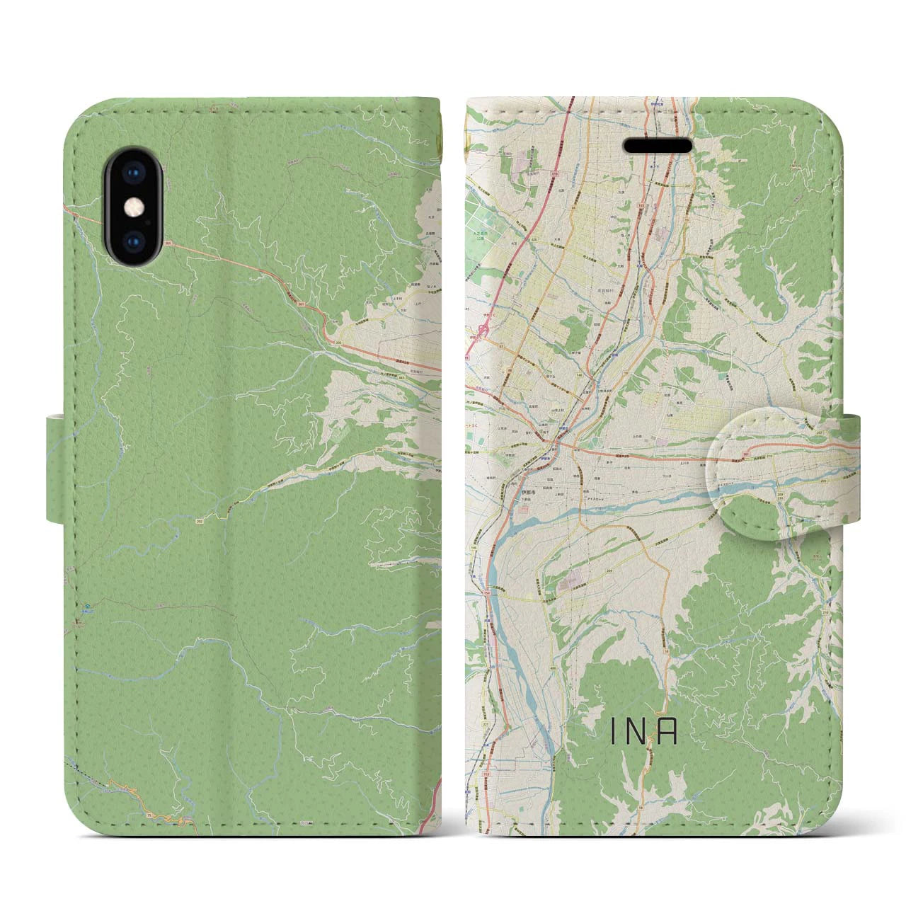【伊那(長野県)】地図柄iPhoneケース(手帳タイプ)ナチュラル・iPhone XS / X 用
