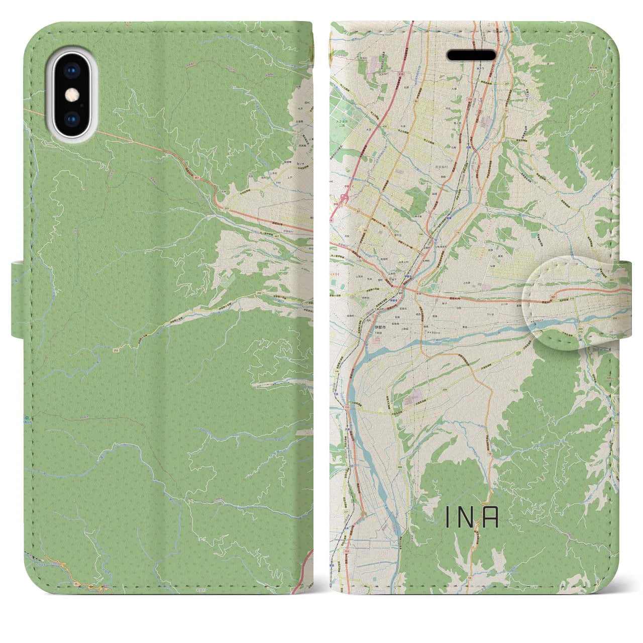 【伊那(長野県)】地図柄iPhoneケース(手帳タイプ)ナチュラル・iPhone XS Max 用