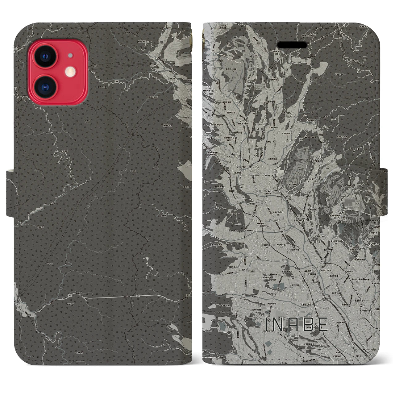 【いなべ(三重県)】地図柄iPhoneケース(手帳タイプ)モノトーン・iPhone 11 用