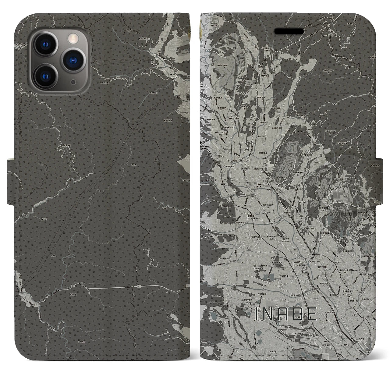 【いなべ(三重県)】地図柄iPhoneケース(手帳タイプ)モノトーン・iPhone 11 Pro Max 用