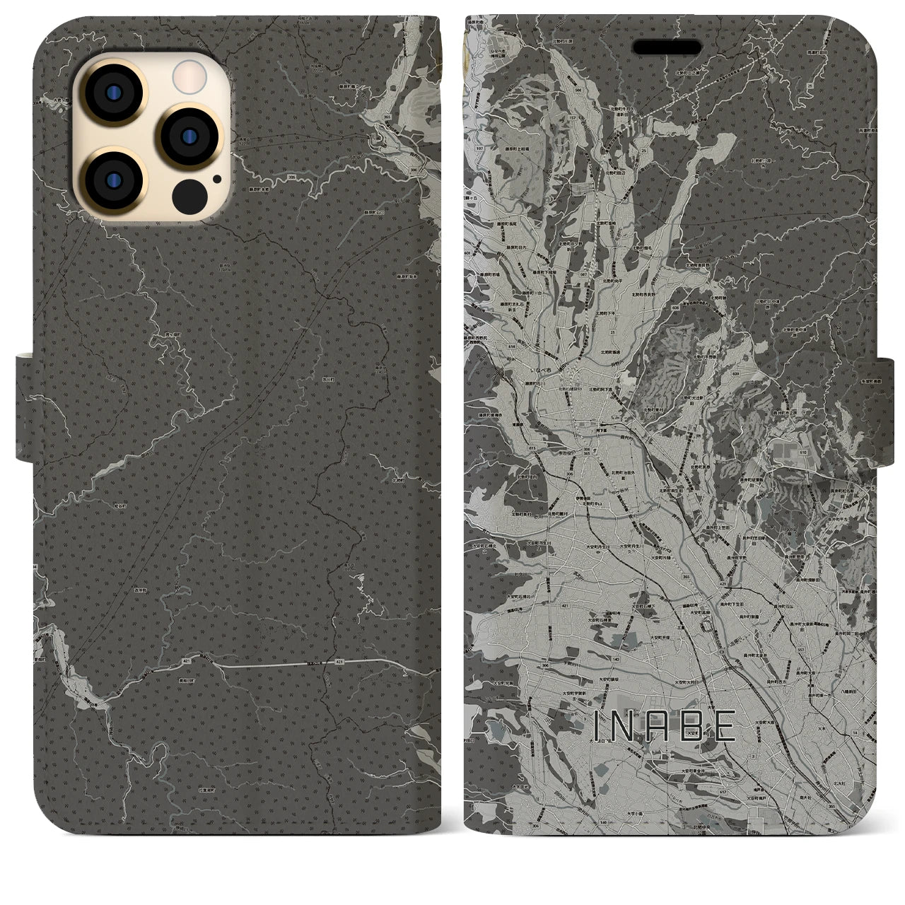 【いなべ(三重県)】地図柄iPhoneケース(手帳タイプ)モノトーン・iPhone 12 Pro Max 用