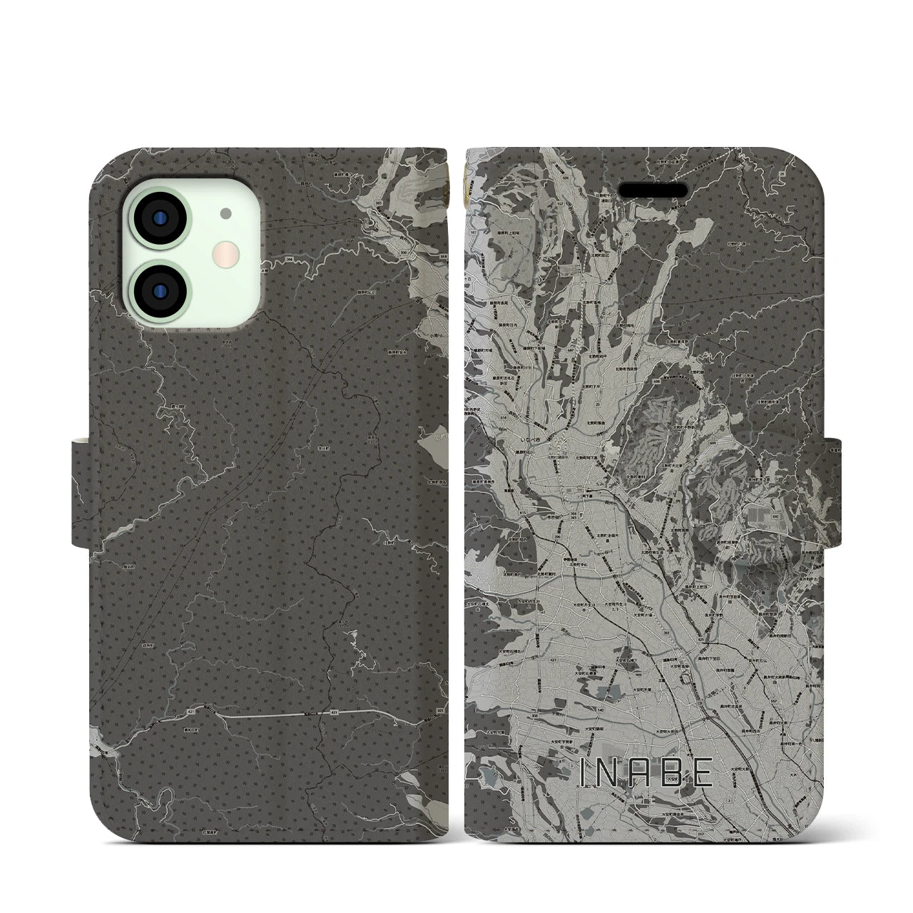 【いなべ(三重県)】地図柄iPhoneケース(手帳タイプ)モノトーン・iPhone 12 mini 用