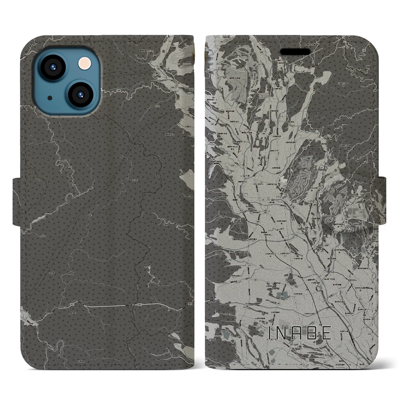【いなべ(三重県)】地図柄iPhoneケース(手帳タイプ)モノトーン・iPhone 13 用