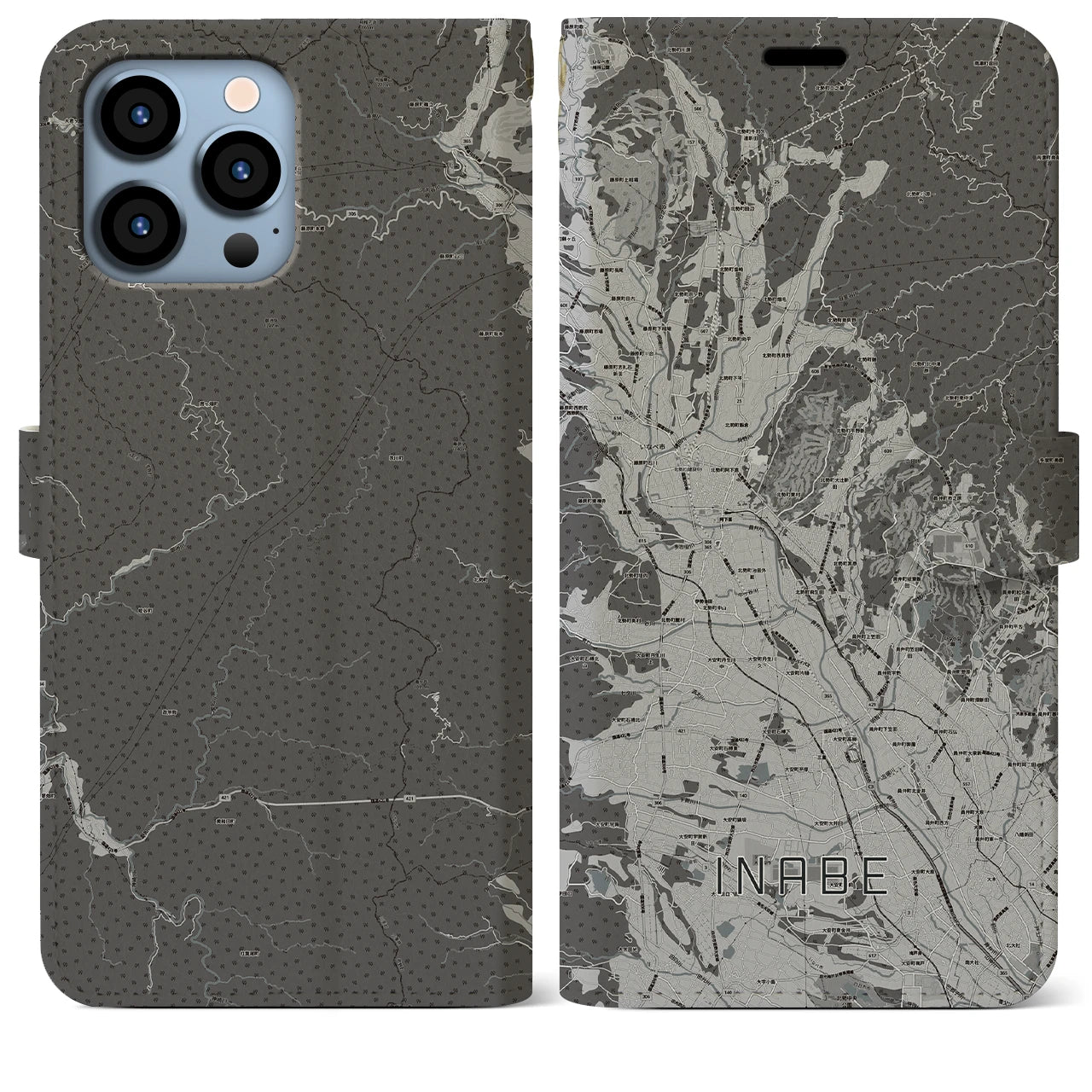 【いなべ(三重県)】地図柄iPhoneケース(手帳タイプ)モノトーン・iPhone 13 Pro Max 用