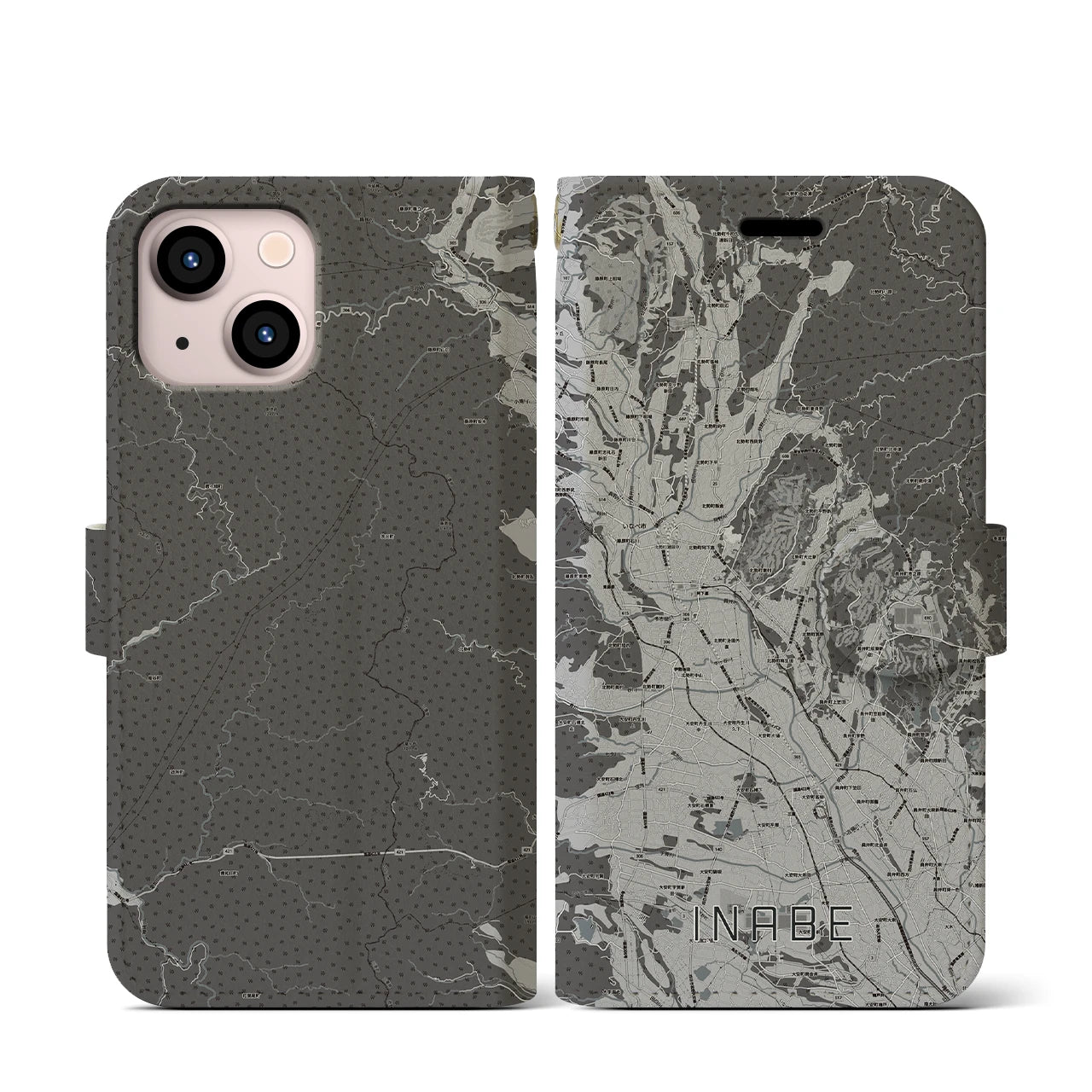【いなべ(三重県)】地図柄iPhoneケース(手帳タイプ)モノトーン・iPhone 13 mini 用