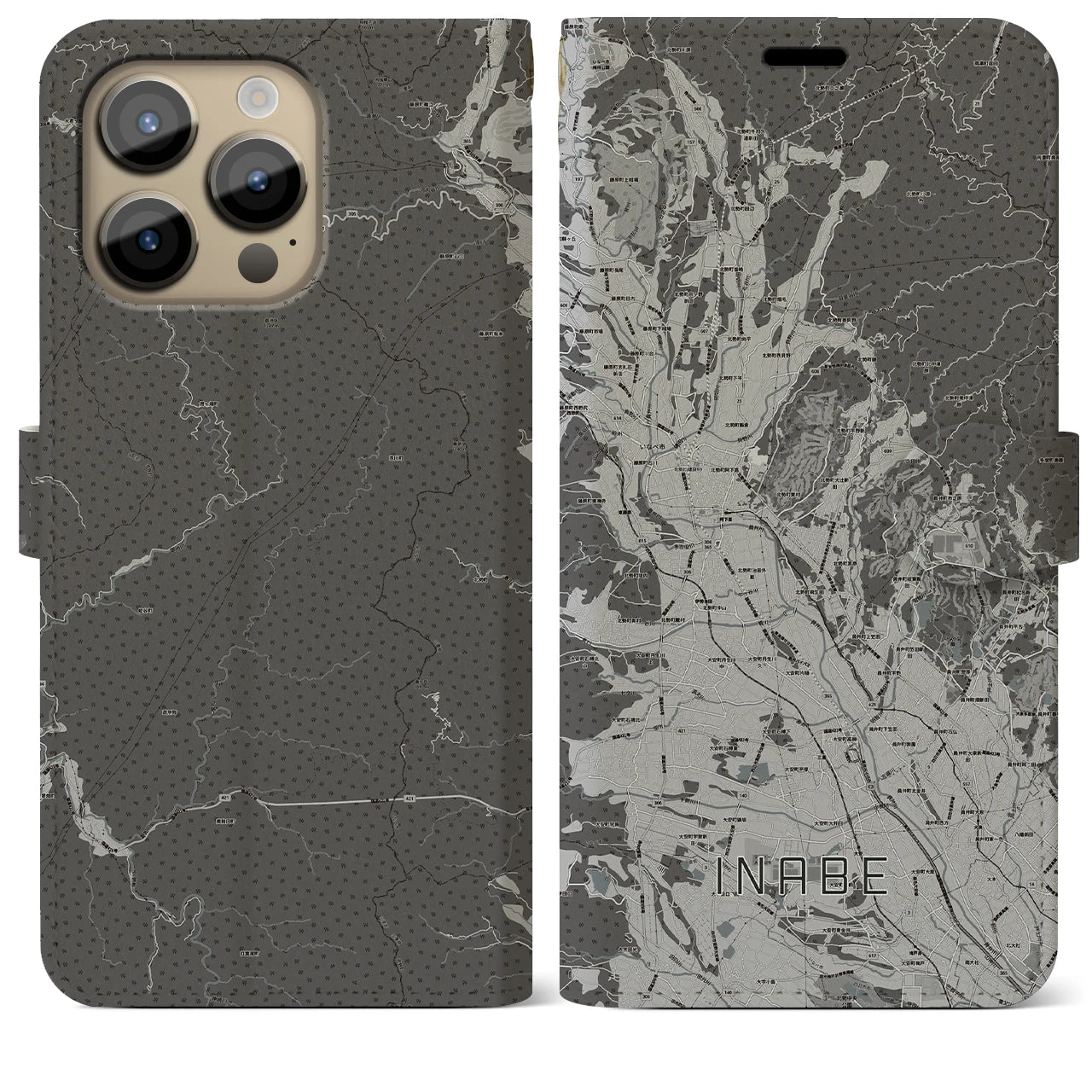 【いなべ(三重県)】地図柄iPhoneケース(手帳タイプ)モノトーン・iPhone 14 Pro Max 用
