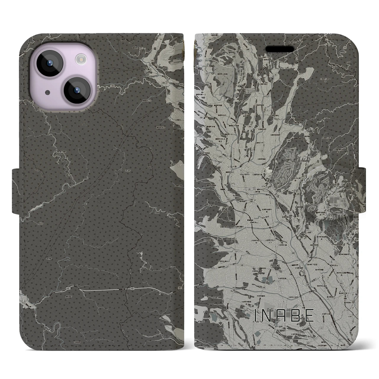 【いなべ(三重県)】地図柄iPhoneケース(手帳タイプ)モノトーン・iPhone 14 用