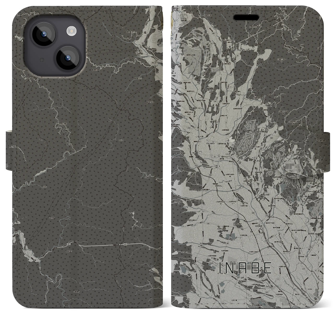 【いなべ(三重県)】地図柄iPhoneケース(手帳タイプ)モノトーン・iPhone 14 Plus 用