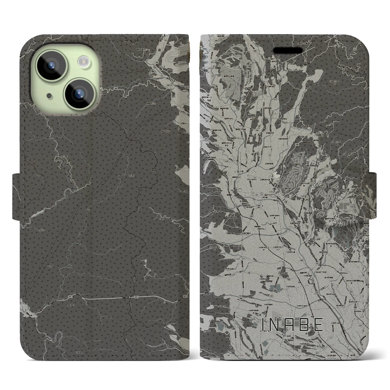 【いなべ(三重県)】地図柄iPhoneケース(手帳タイプ)モノトーン・iPhone 15 用