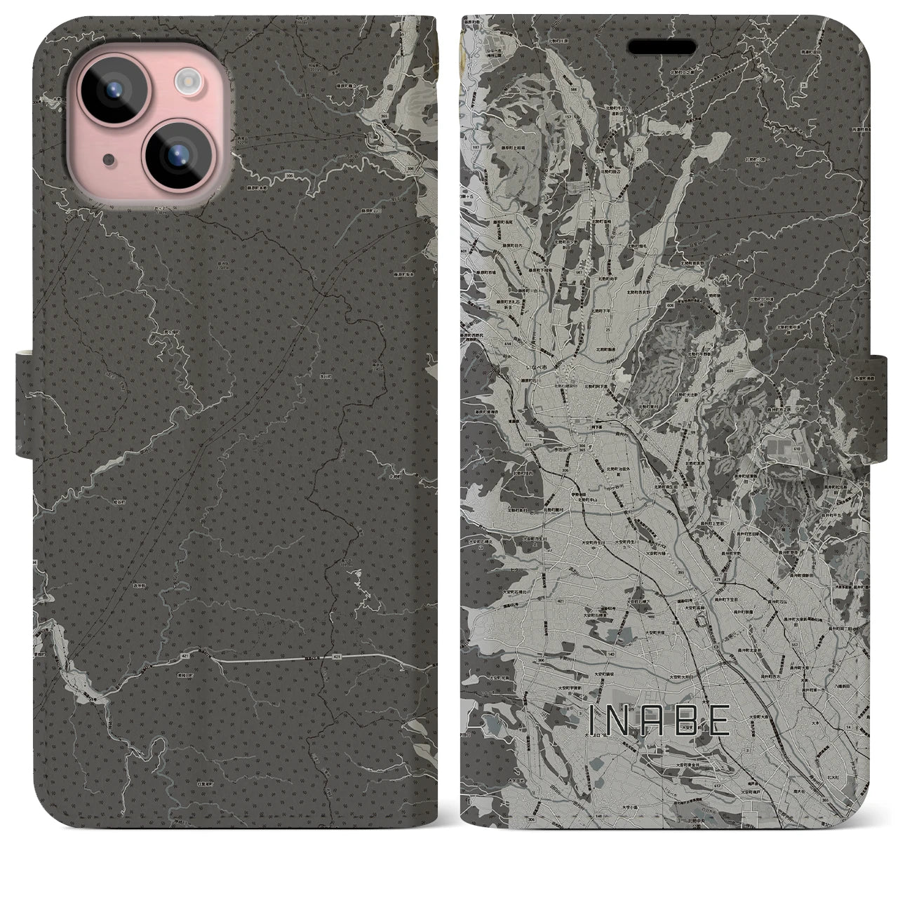 【いなべ(三重県)】地図柄iPhoneケース(手帳タイプ)モノトーン・iPhone 15 Plus 用