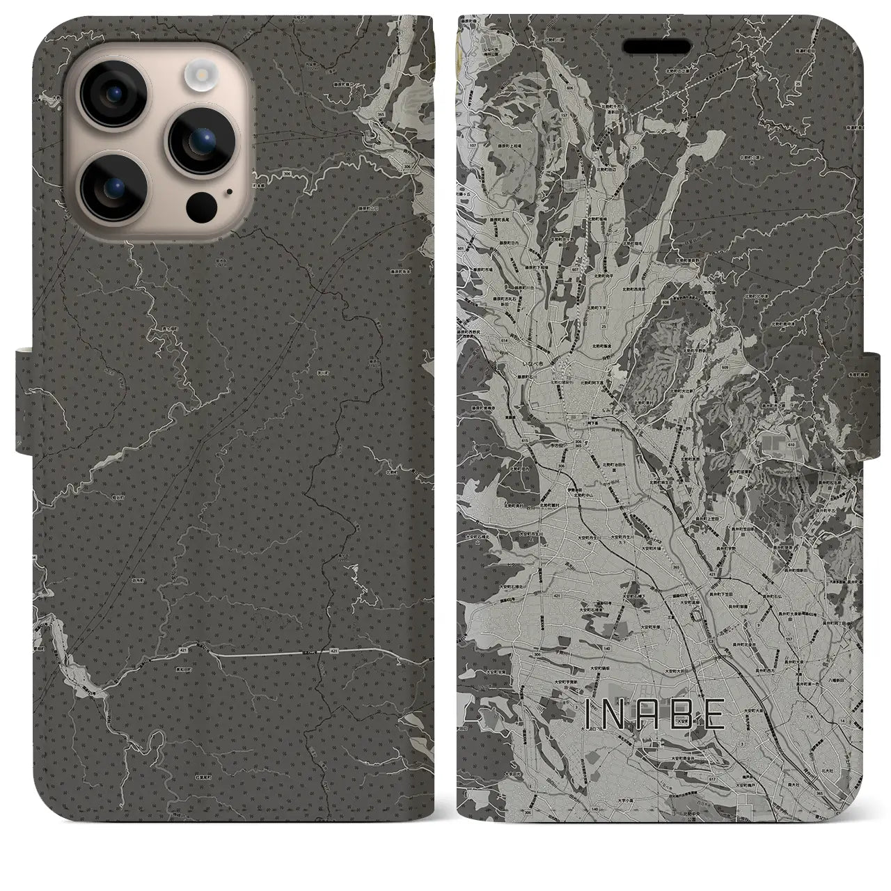 【いなべ(三重県)】地図柄iPhoneケース(手帳タイプ)モノトーン・iPhone 16 Plus 用