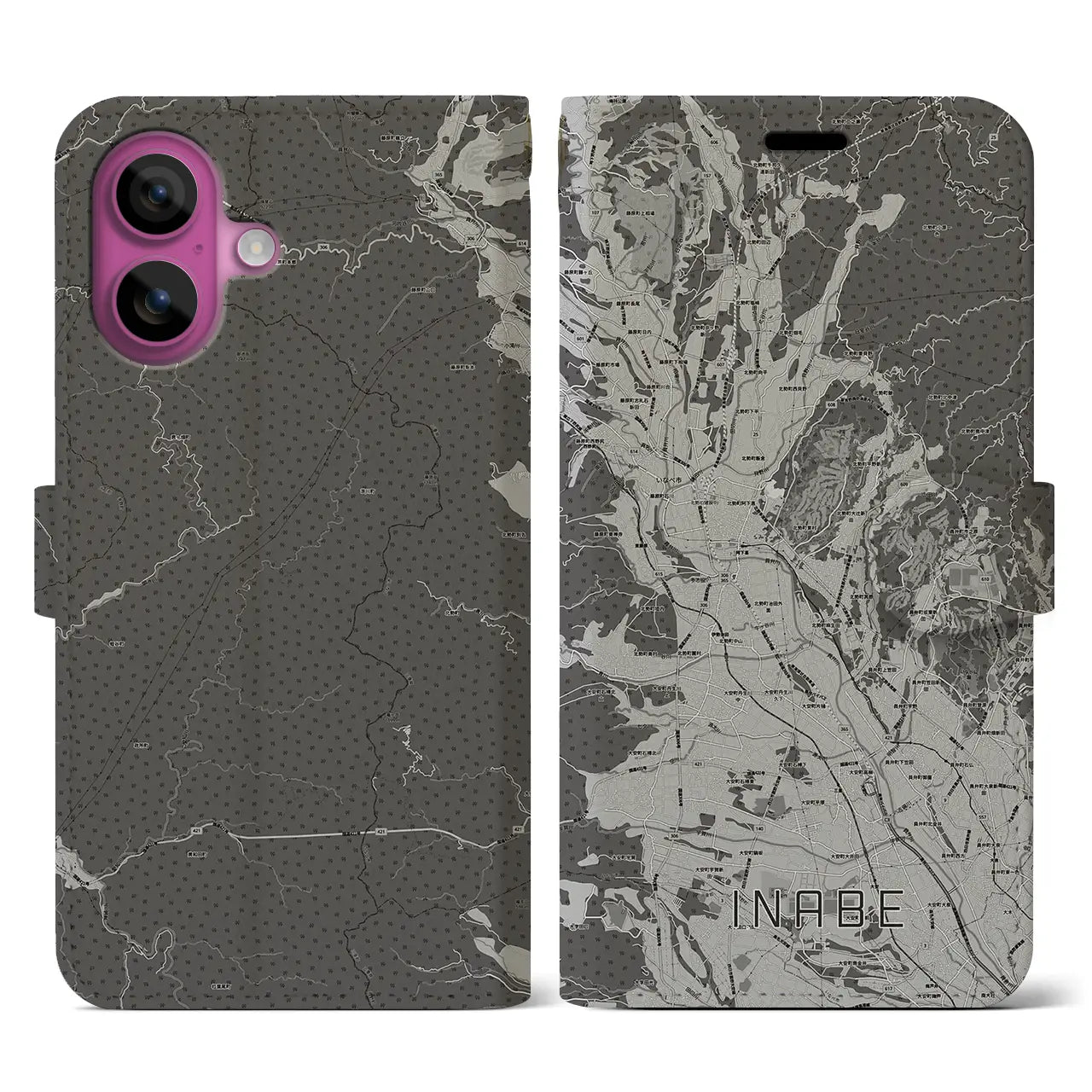 【いなべ(三重県)】地図柄iPhoneケース(手帳タイプ)モノトーン・iPhone 16 Pro 用
