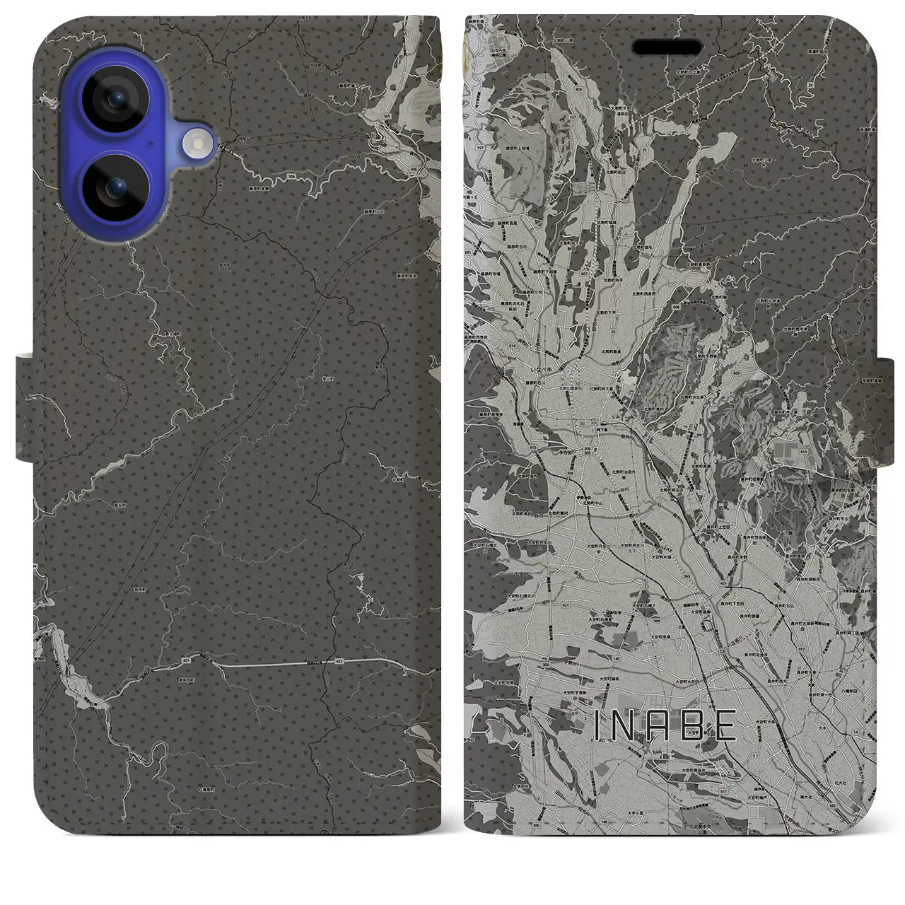 【いなべ(三重県)】地図柄iPhoneケース(手帳タイプ)モノトーン・iPhone 16 Pro Max 用