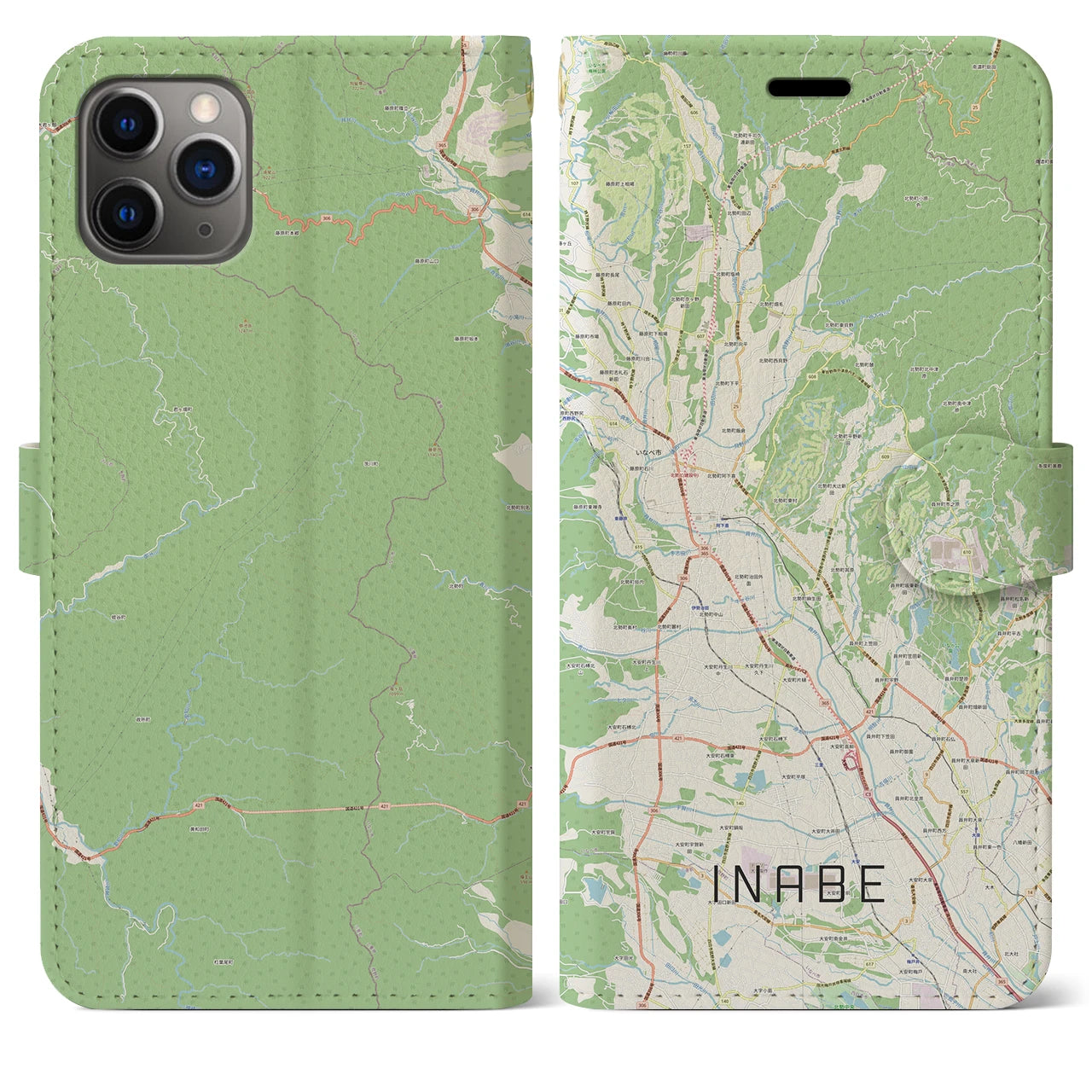 【いなべ(三重県)】地図柄iPhoneケース(手帳タイプ)ナチュラル・iPhone 11 Pro Max 用