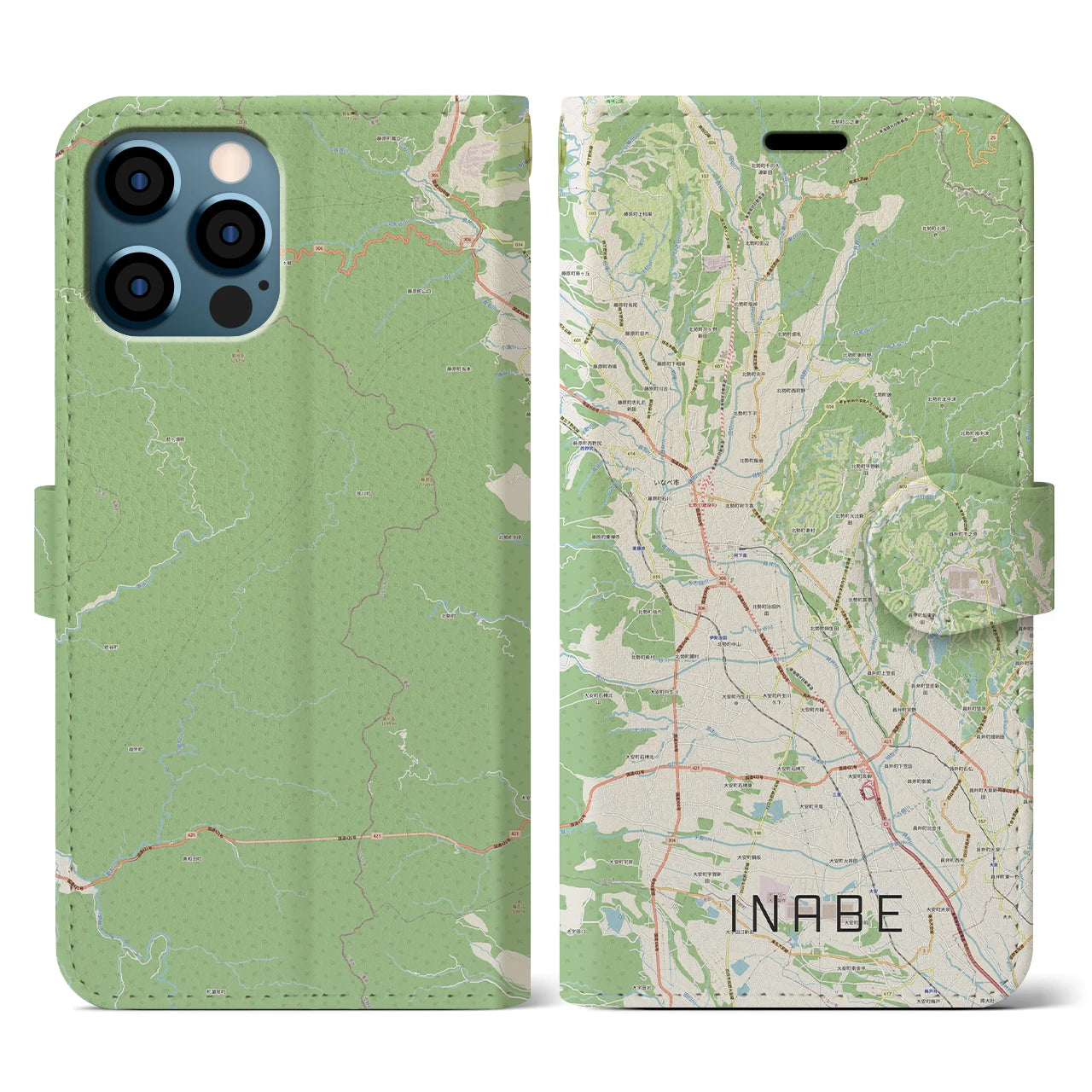 【いなべ(三重県)】地図柄iPhoneケース(手帳タイプ)ナチュラル・iPhone 12 / 12 Pro 用