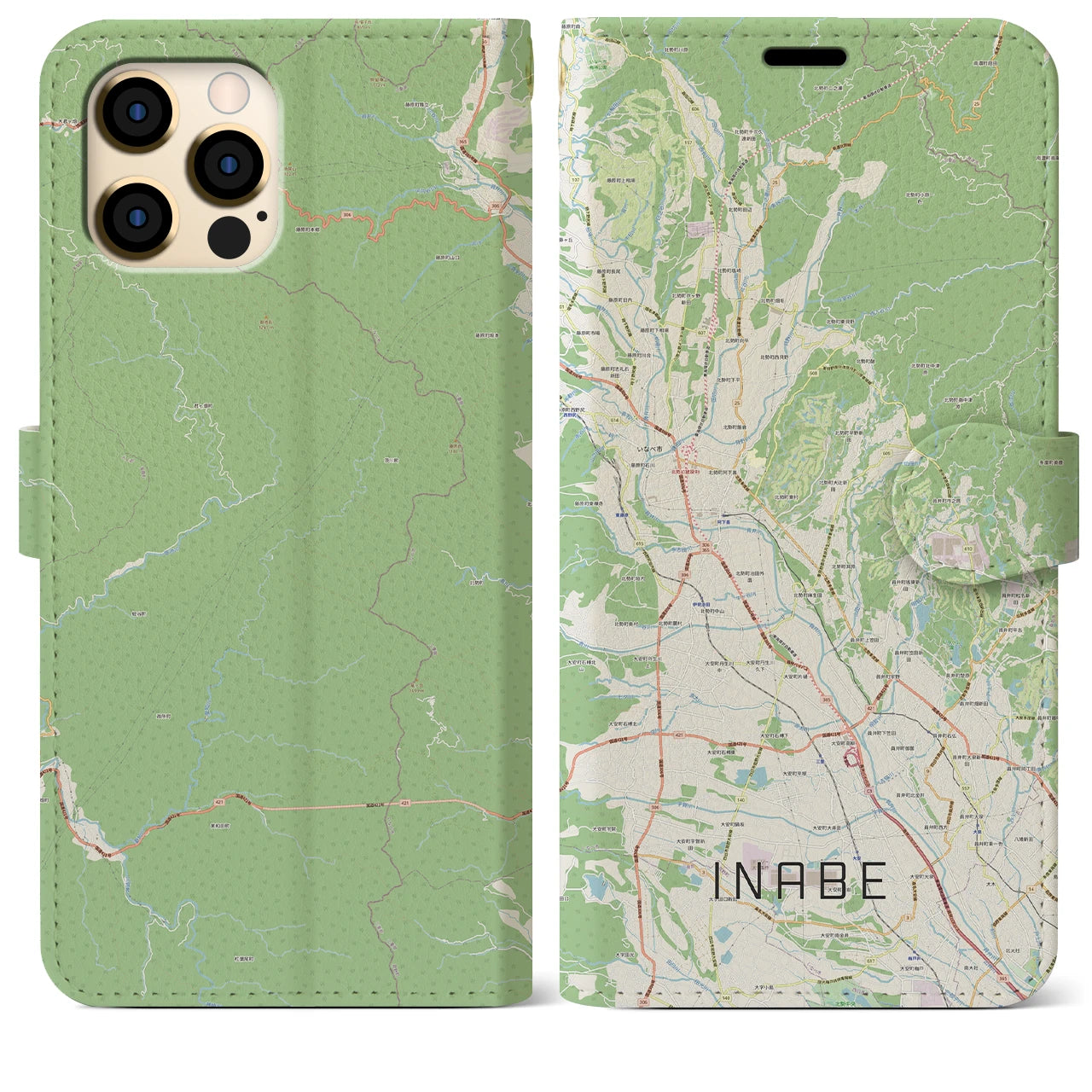 【いなべ(三重県)】地図柄iPhoneケース(手帳タイプ)ナチュラル・iPhone 12 Pro Max 用