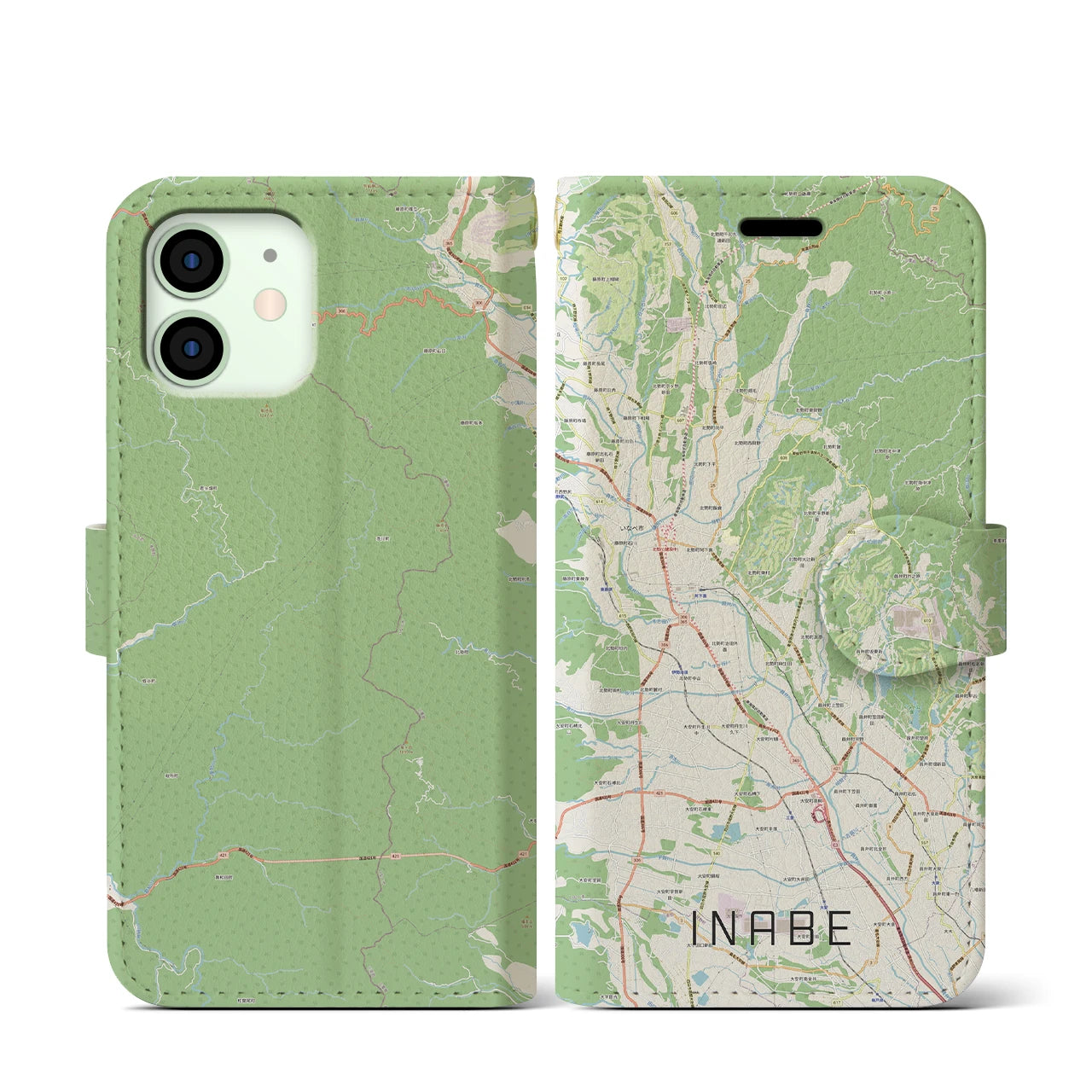【いなべ(三重県)】地図柄iPhoneケース(手帳タイプ)ナチュラル・iPhone 12 mini 用
