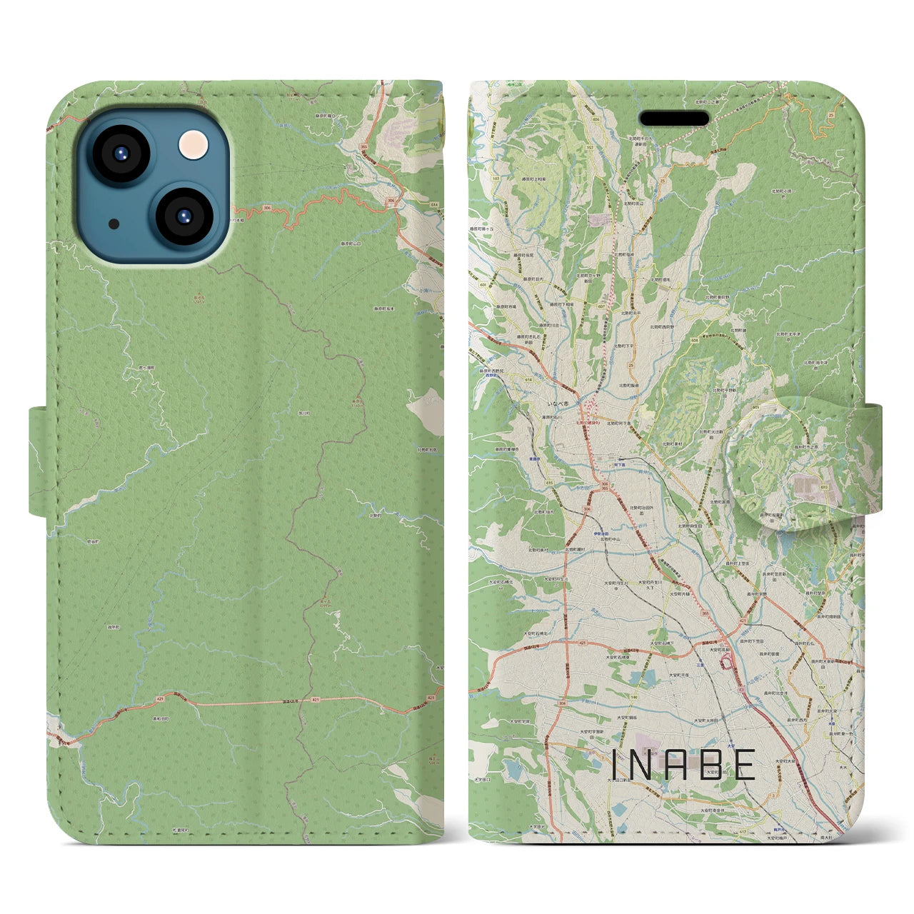 【いなべ(三重県)】地図柄iPhoneケース(手帳タイプ)ナチュラル・iPhone 13 用