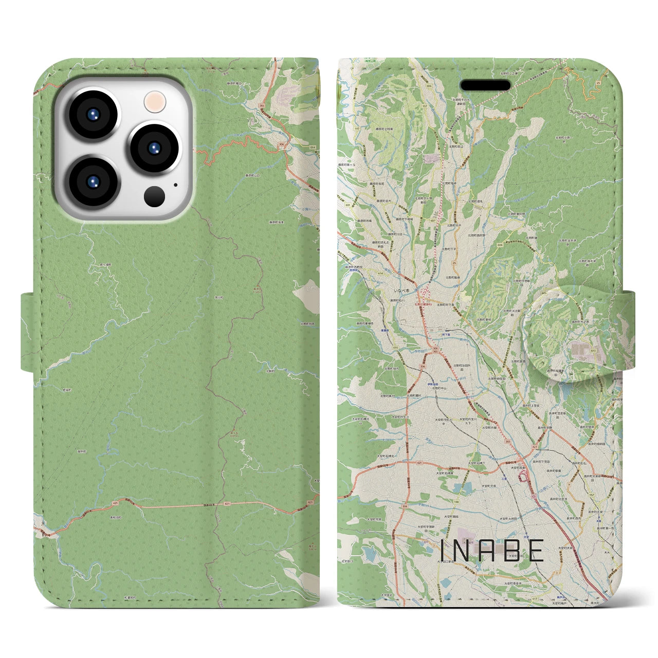 【いなべ(三重県)】地図柄iPhoneケース(手帳タイプ)ナチュラル・iPhone 13 Pro 用