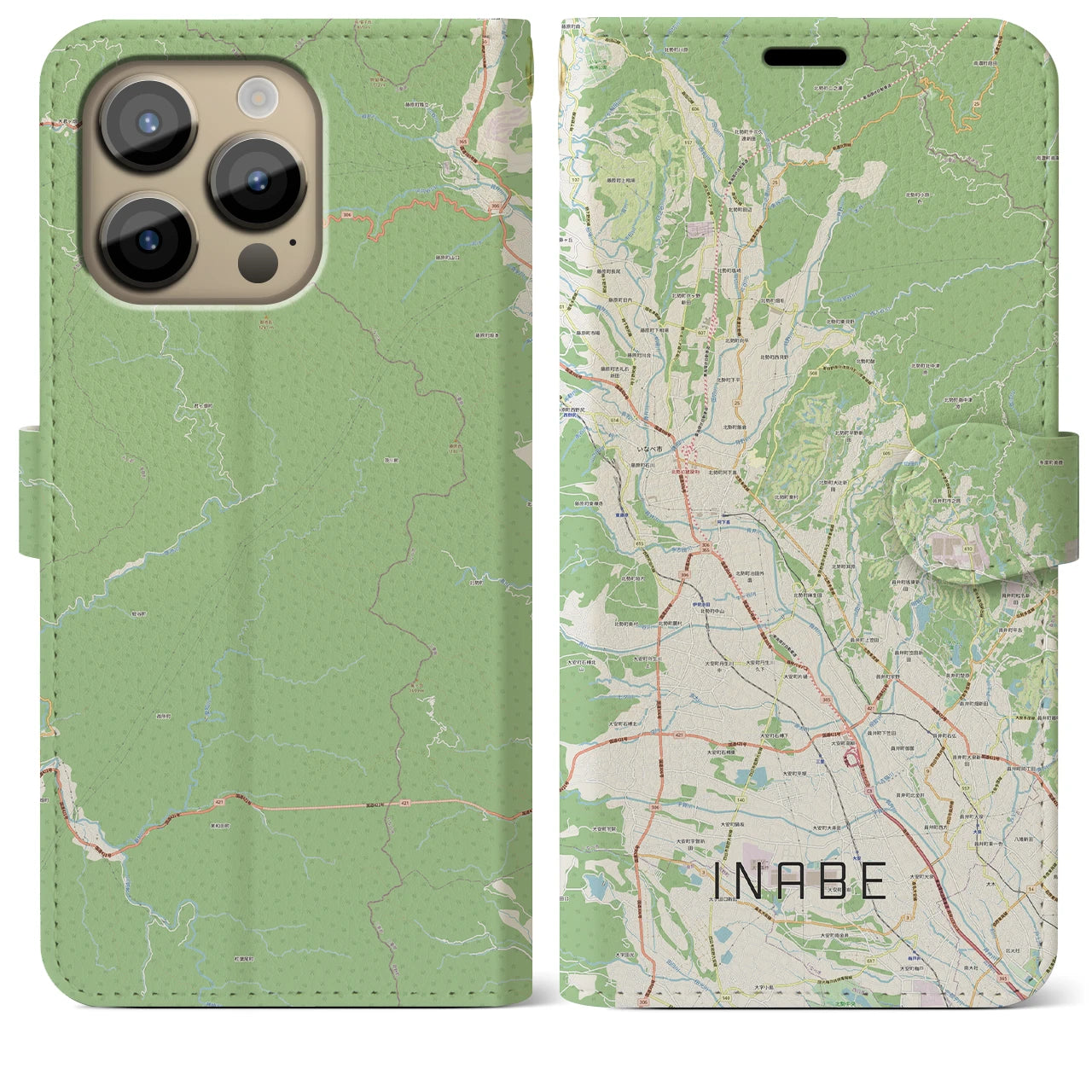 【いなべ(三重県)】地図柄iPhoneケース(手帳タイプ)ナチュラル・iPhone 14 Pro Max 用