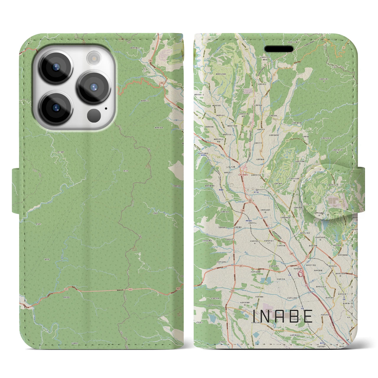 【いなべ(三重県)】地図柄iPhoneケース(手帳タイプ)ナチュラル・iPhone 14 Pro 用