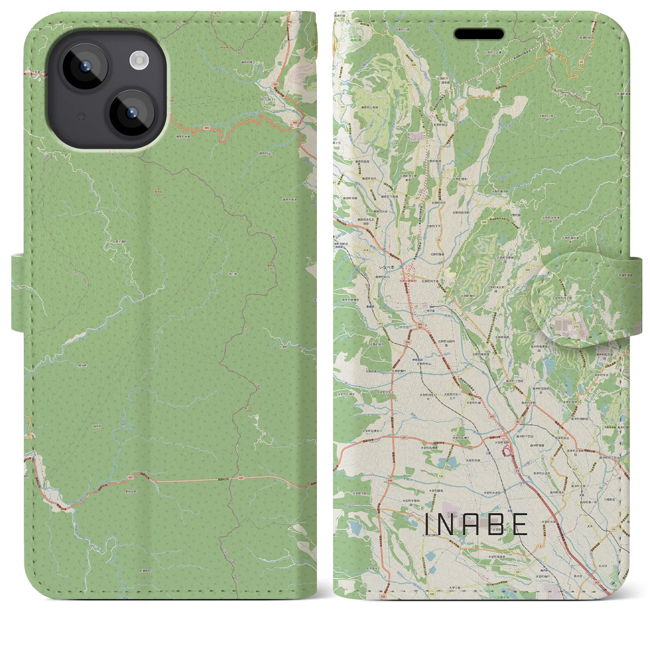 【いなべ(三重県)】地図柄iPhoneケース(手帳タイプ)ナチュラル・iPhone 14 Plus 用
