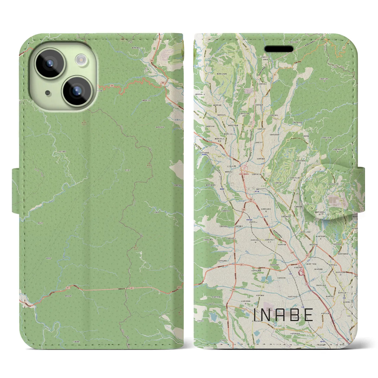 【いなべ(三重県)】地図柄iPhoneケース(手帳タイプ)ナチュラル・iPhone 15 用